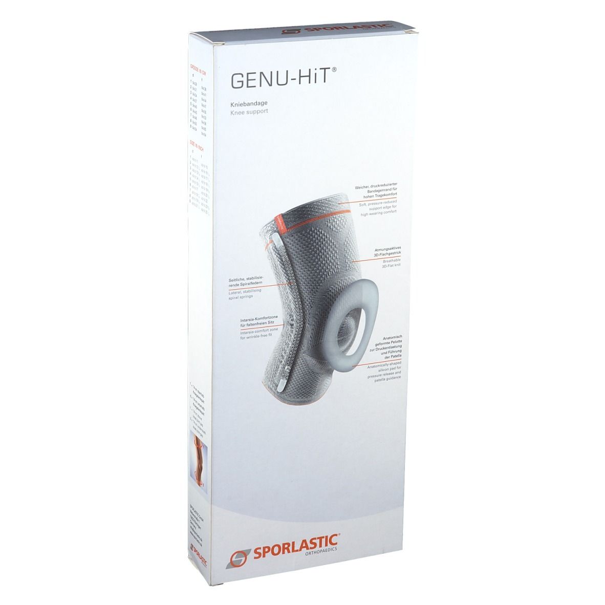 Achterkant van de Genu-Hit kniebrace verpakking. Productillustratie met annotaties. Sporlastic logo.