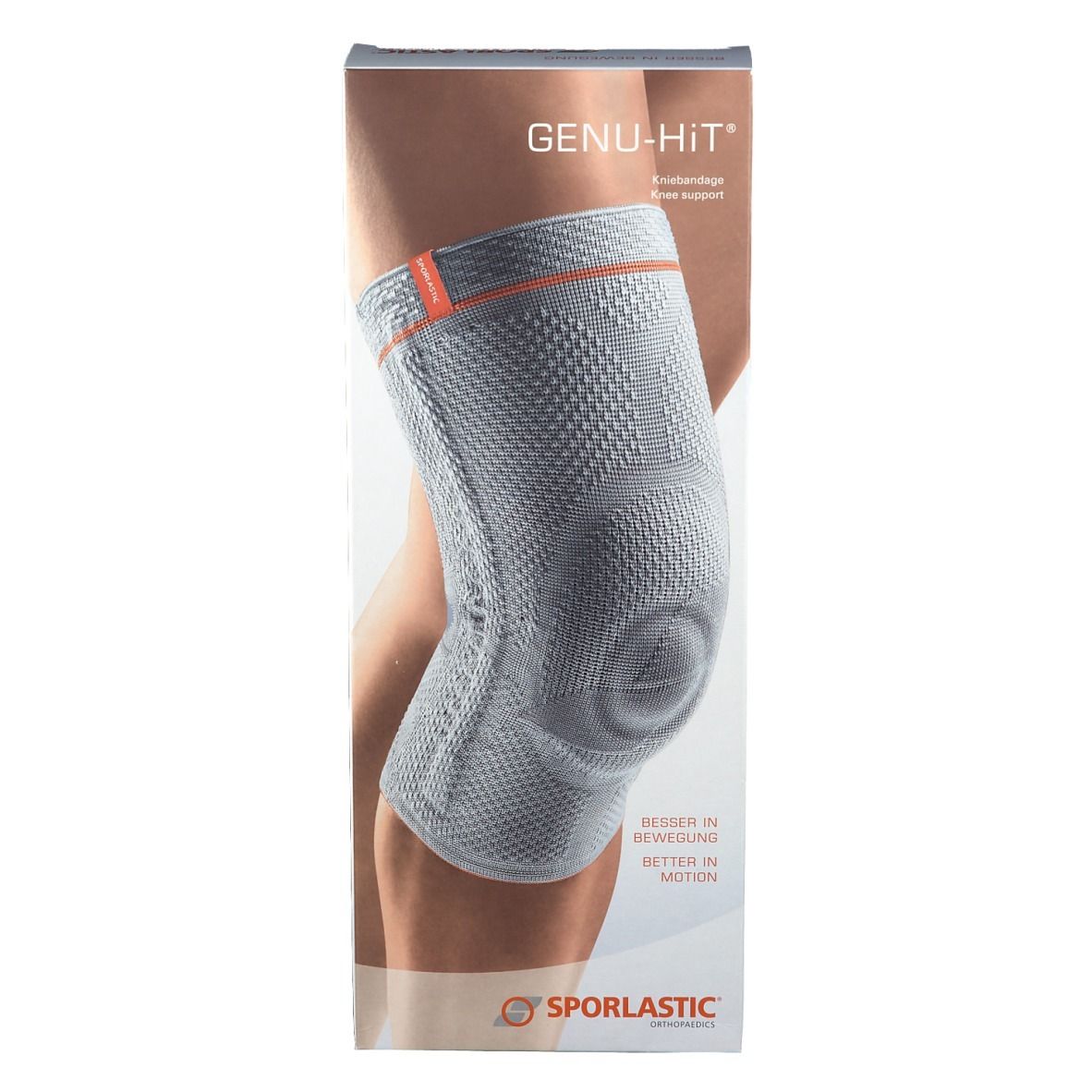 Genu-Hit kniebrace op verpakking. Grijs, met rode accentlijn. Sporlastic logo. Tekst: Besser in Bewegung.