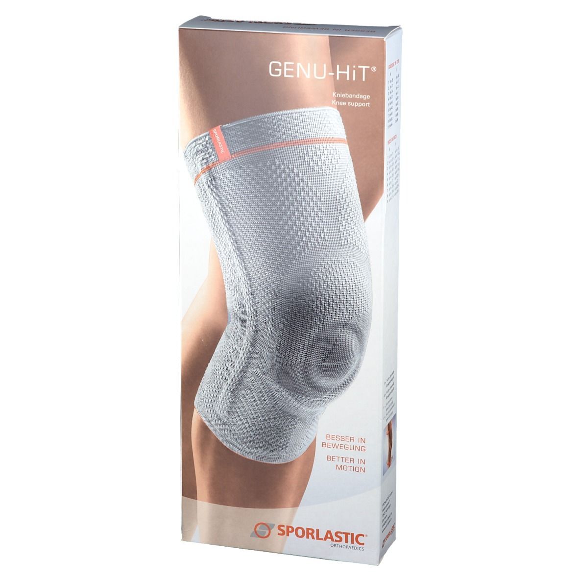 Genu-Hit kniebrace op verpakking. Grijs, met rode accentlijn. Sporlastic logo. Tekst: Besser in Bewegung.