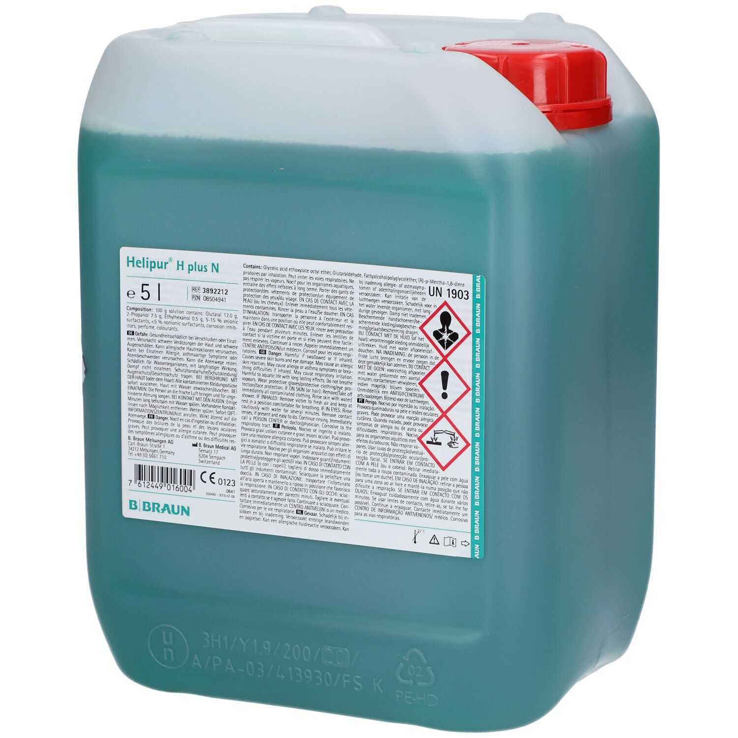 Kan met rode deksel en groene vloeistof. Opschrift: Helipur H plus N, 5 l. Gevaarsymbolen. B. Braun logo.