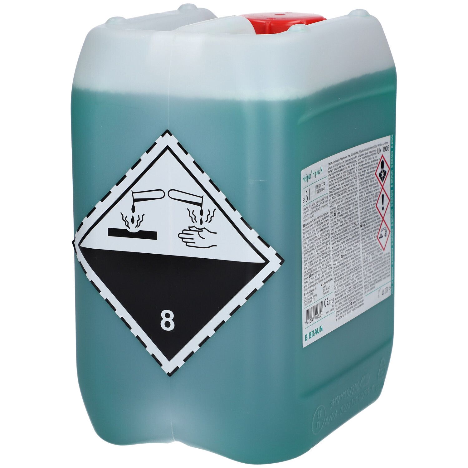 Kan met groene vloeistof. Gevaarsymbool met bijtende werking. Opschrift: Helipur H plus N. B. Braun logo.