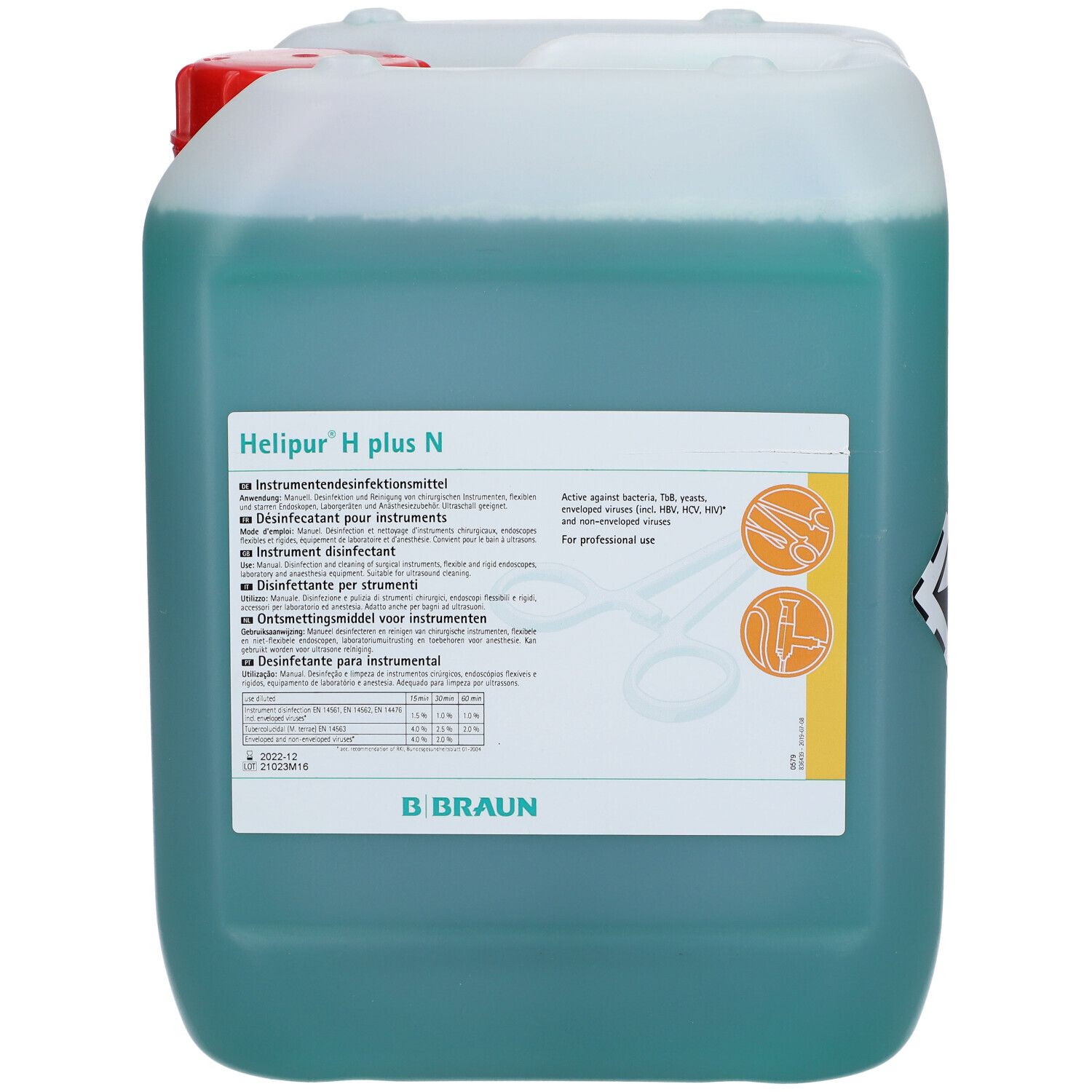 Kan met groene vloeistof. Opschrift: Helipur H plus N. B. Braun logo. Gevaarsymbool.