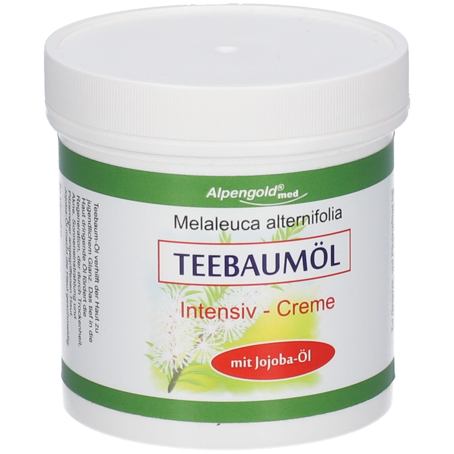 Witte pot met groen en rood etiket. Opschrift: Teebaumöl Intensiv-Creme mit Jojoba-Öl. Merk: Alpengold med.