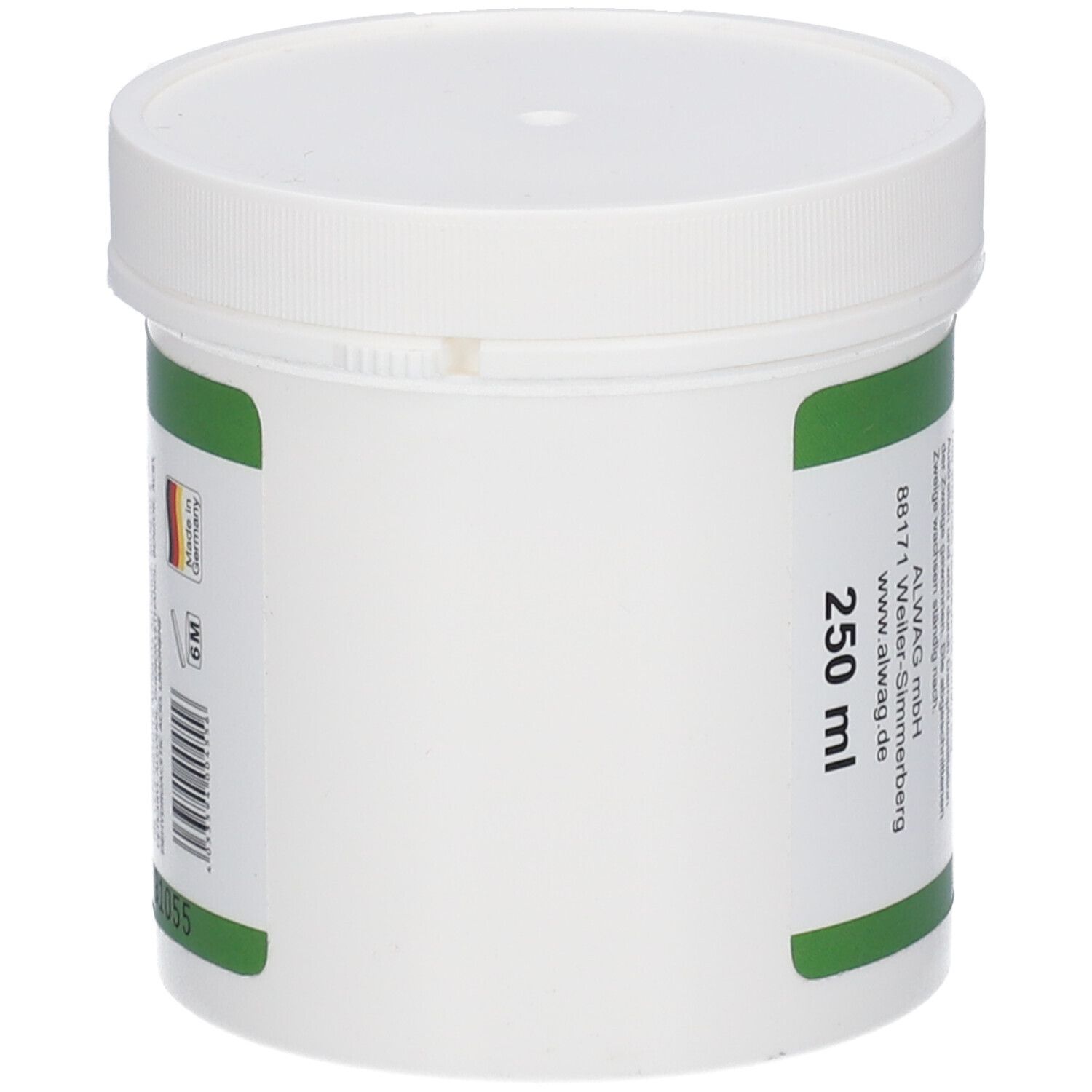 Witte pot met groen etiket. Opschrift: 250 ml. Merk: ALWAG GmbH. Met Duitse vlag.