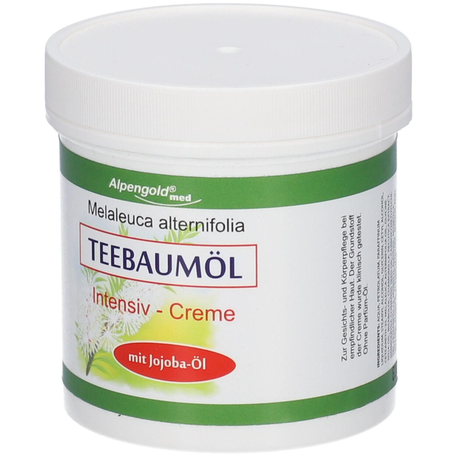 Witte pot met groen en rood etiket. Opschrift: Teebaumöl Intensiv-Creme mit Jojoba-Öl. Merk: Alpengold med.