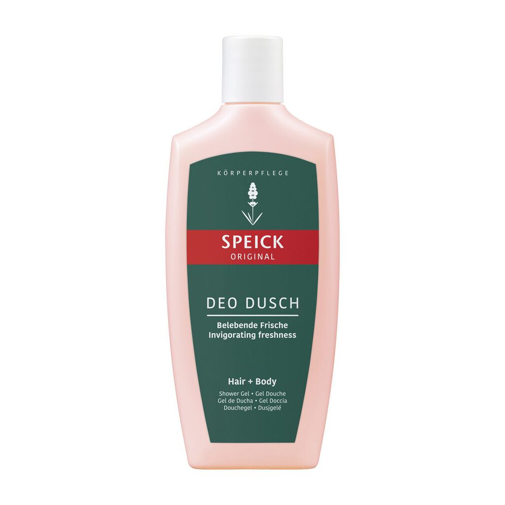 Roze fles met witte dop. Opschrift: SPEICK ORIGINAL, DEO DUSCH, Belebende Frische. Groen-rood etiket.