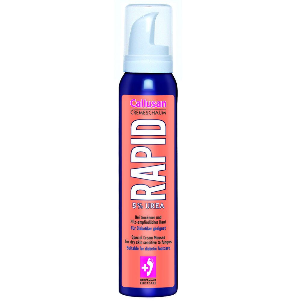 Blauwe spuitfles met witte pomp. Opschrift: Callusan RAPID 5% UREA. Geschikt voor diabetische voeten.
