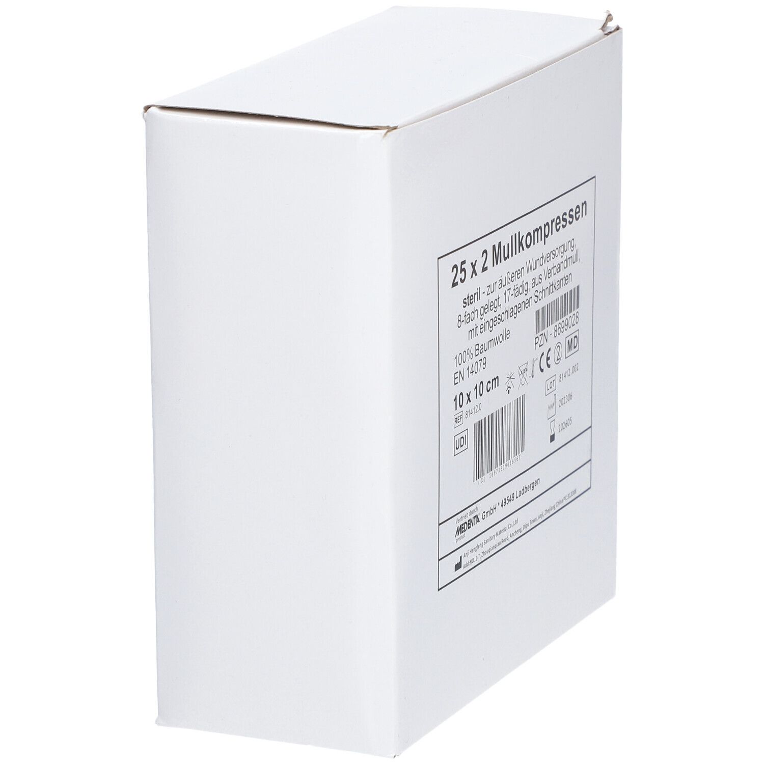 Boîte en carton blanche avec informations produit. Inscription: 25 x 2 compresses de gaze, 10 x 10 cm, stérile.