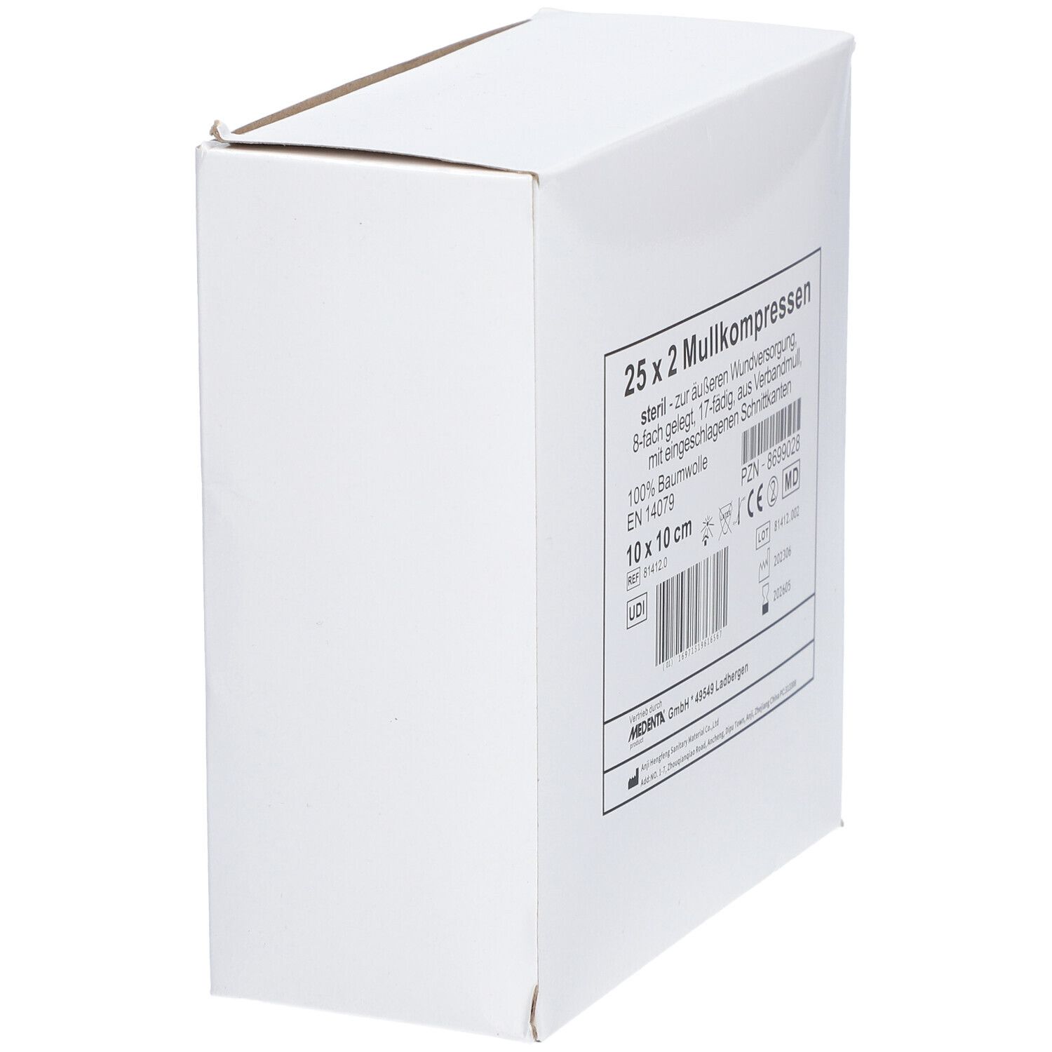 Boîte en carton blanche avec informations produit. Inscription: 25 x 2 compresses de gaze, 10 x 10 cm, stérile.