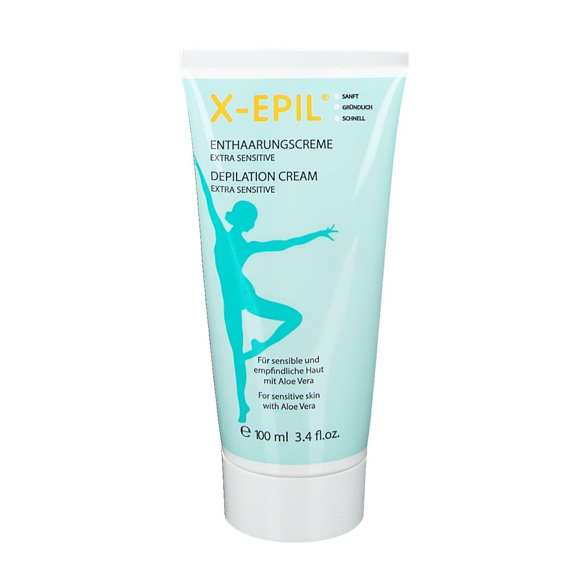 Lichtblauwe tube X-Epil Enthaarungscreme Sensitive. Afbeelding van vrouw. Tekst: Extra Sensitive, Aloe Vera. Inhoud.