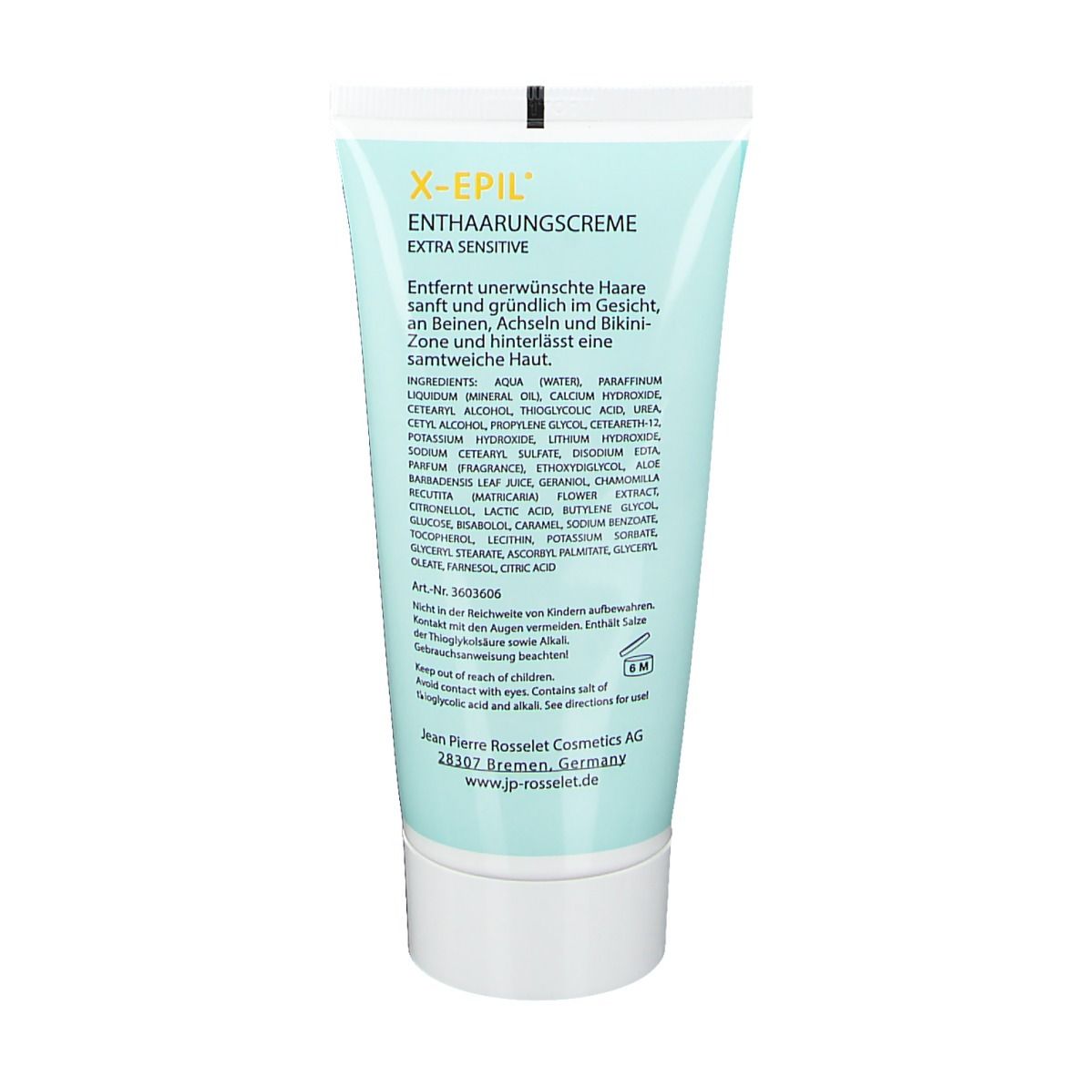 Achterkant van de lichtblauwe tube. Tekst: X-Epil Enthaarungscreme Extra Sensitive. Ingrediënten, adres fabrikant.
