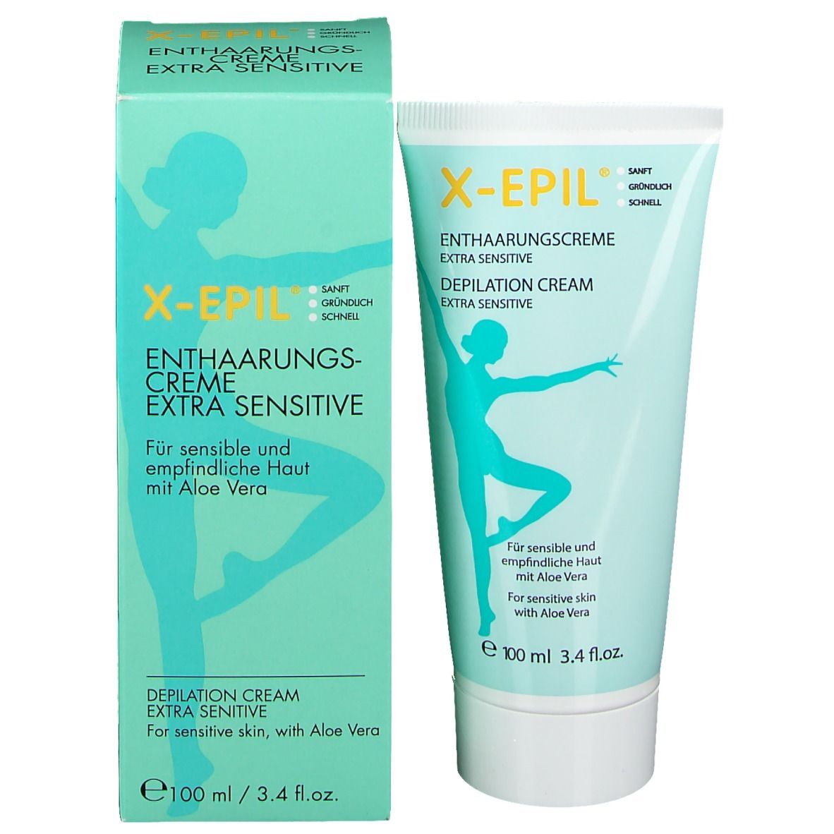 Verpakking en tube. Verpakking: lichtgroen, X-Epil Enthaarungscreme Extra Sensitive. Tube: lichtblauw, dezelfde tekst.