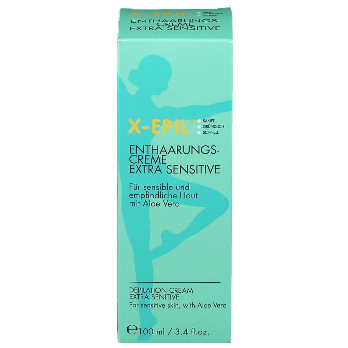 Lichtgroene productverpakking. Opschrift: X-Epil Enthaarungscreme Extra Sensitive. Afbeelding van een vrouw. Tekst: Aloe Vera.