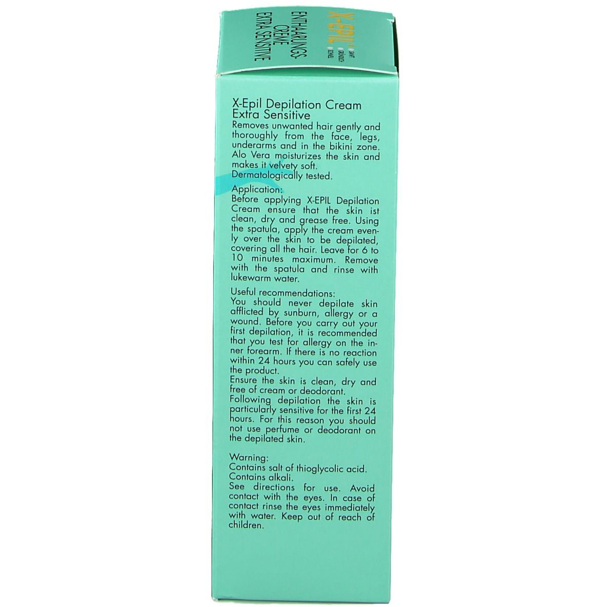Zijaanzicht van de productverpakking. Tekst: X-Epil Enthaarungscreme Extra Sensitive. Gebruiksaanwijzing, waarschuwingen.
