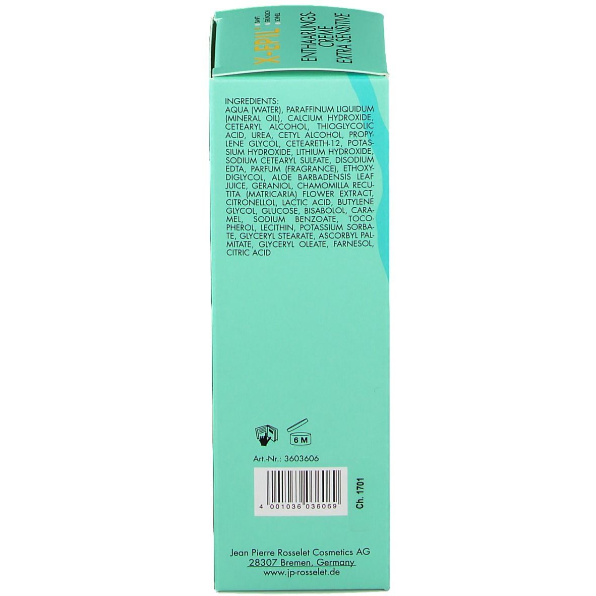 Zijaanzicht van de productverpakking. Tekst: X-Epil Enthaarungscreme Extra Sensitive. Ingrediënten, adres fabrikant.