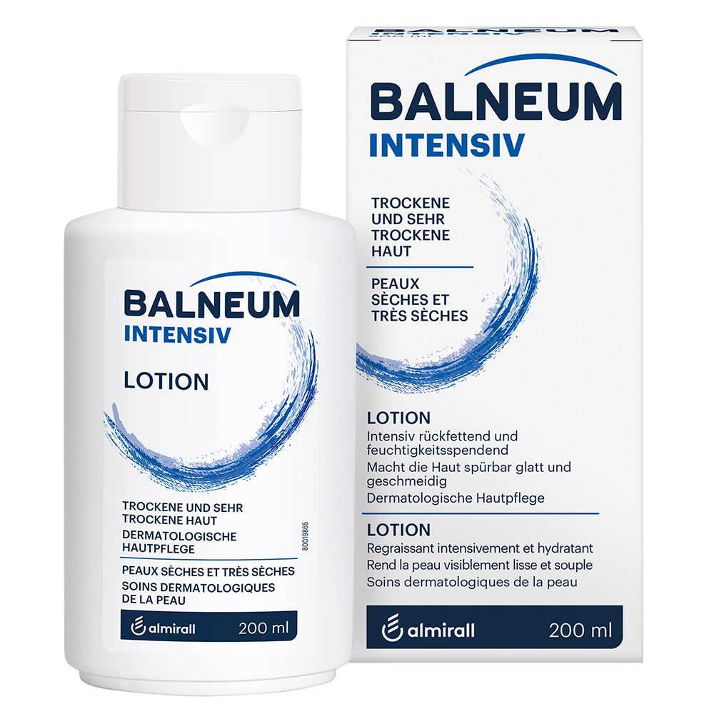 Flacon blanc et carton. Inscription: BALNEUM INTENSIV LOTION. Pour peaux sèches. 200 ml.