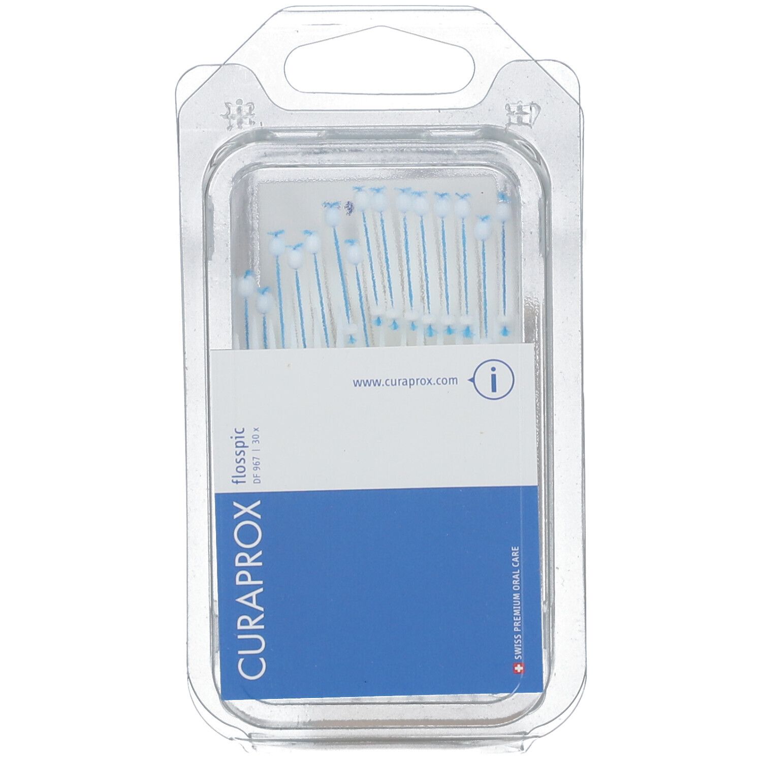 Fil dentaire sur cure-dent, emballage blister. Pièces de fil dentaire bleues. Marque Curaprox, nom du produit Flossipic.