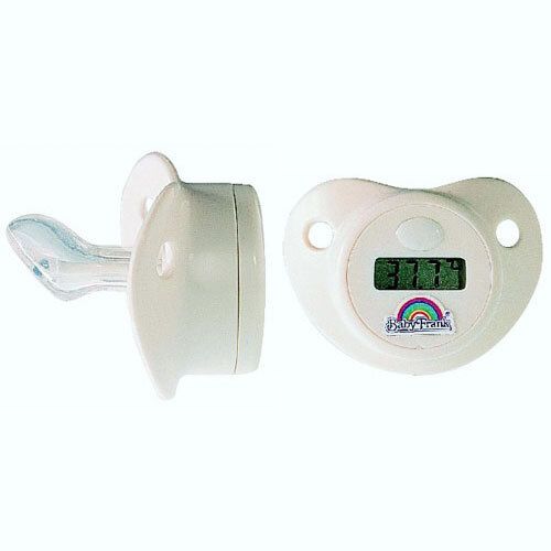 Witte fopspeen-thermometer met digitale display. Toont 37,7°C. Merk Baby-Frank® met regenbooglogo.