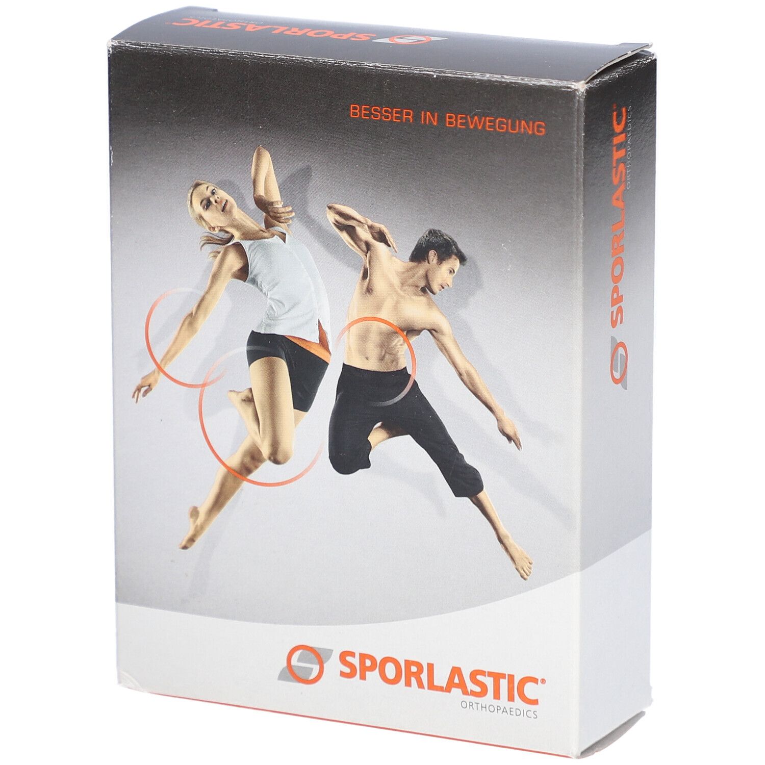 Emballage du produit avec logo et illustration de personnes en mouvement. Texte: Besser in Bewegung. Marque: Sporlastic.
