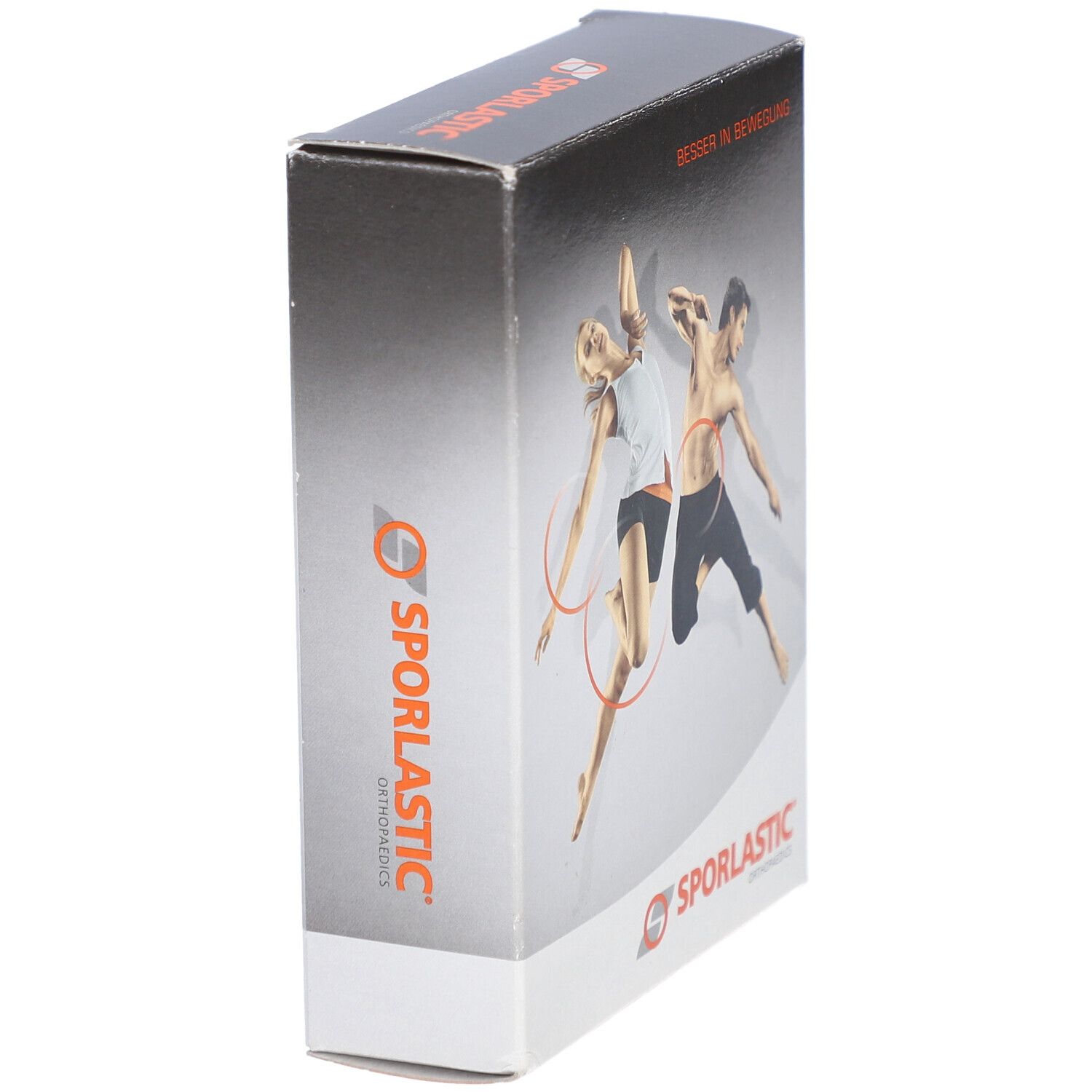 Emballage du produit, en biais de face. Logo et illustration de personnes en mouvement. Marque: Sporlastic. Texte: Besser in Bewegung.