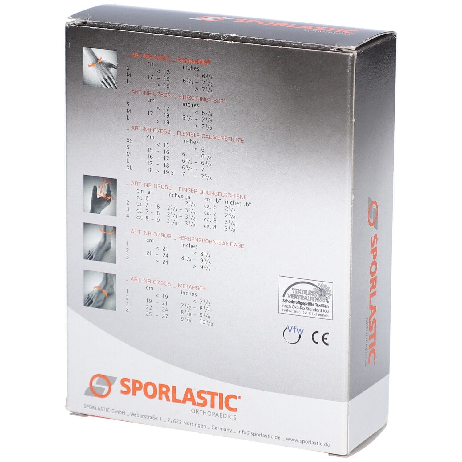 Emballage du produit, dos. Tableaux avec indications de tailles et illustrations. Logo: Sporlastic. Certifications: CE, Öko-Tex.