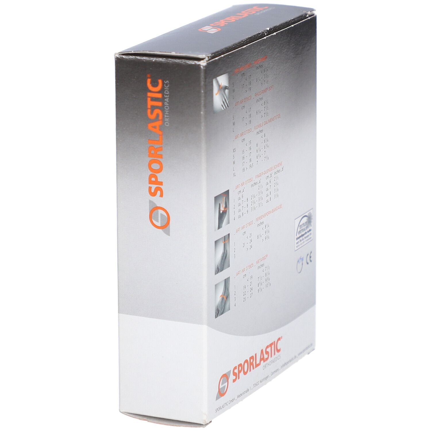 Emballage du produit, en biais de dos. Tableaux avec indications de tailles et illustrations. Logo: Sporlastic. Certifications: CE, Öko-Tex.