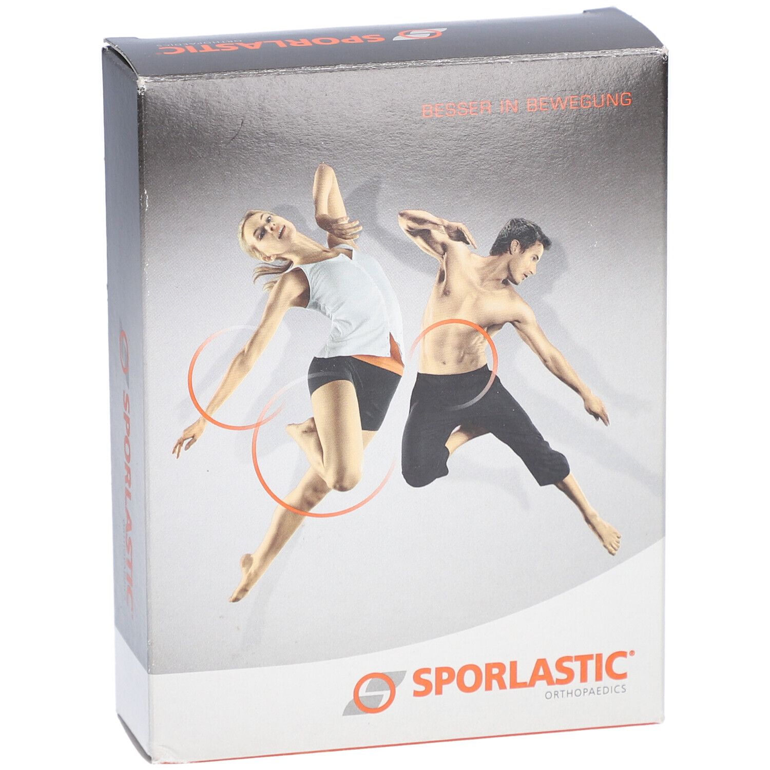 Emballage du produit avec logo et illustration de personnes en mouvement. Texte: Besser in Bewegung. Marque: Sporlastic.