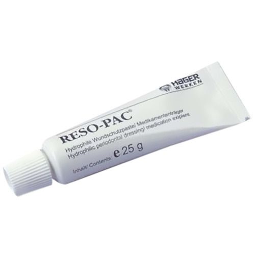 Tube de RESO-PAC®. Pâte hydrophile pour pansement. Tube blanc avec nom du produit et logo du fabricant. Contenu : 25 g.