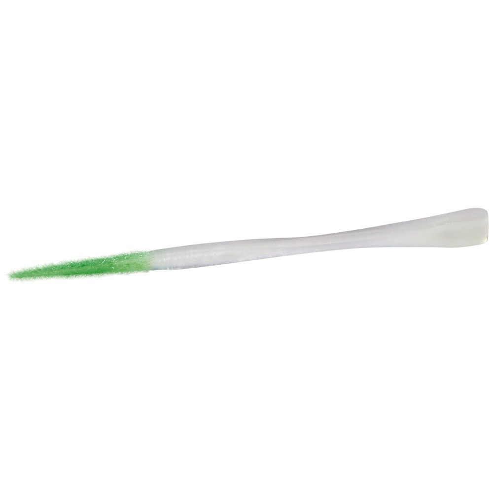 Tandenstoker met groene borstelkop. Witte, taps toelopende steel.