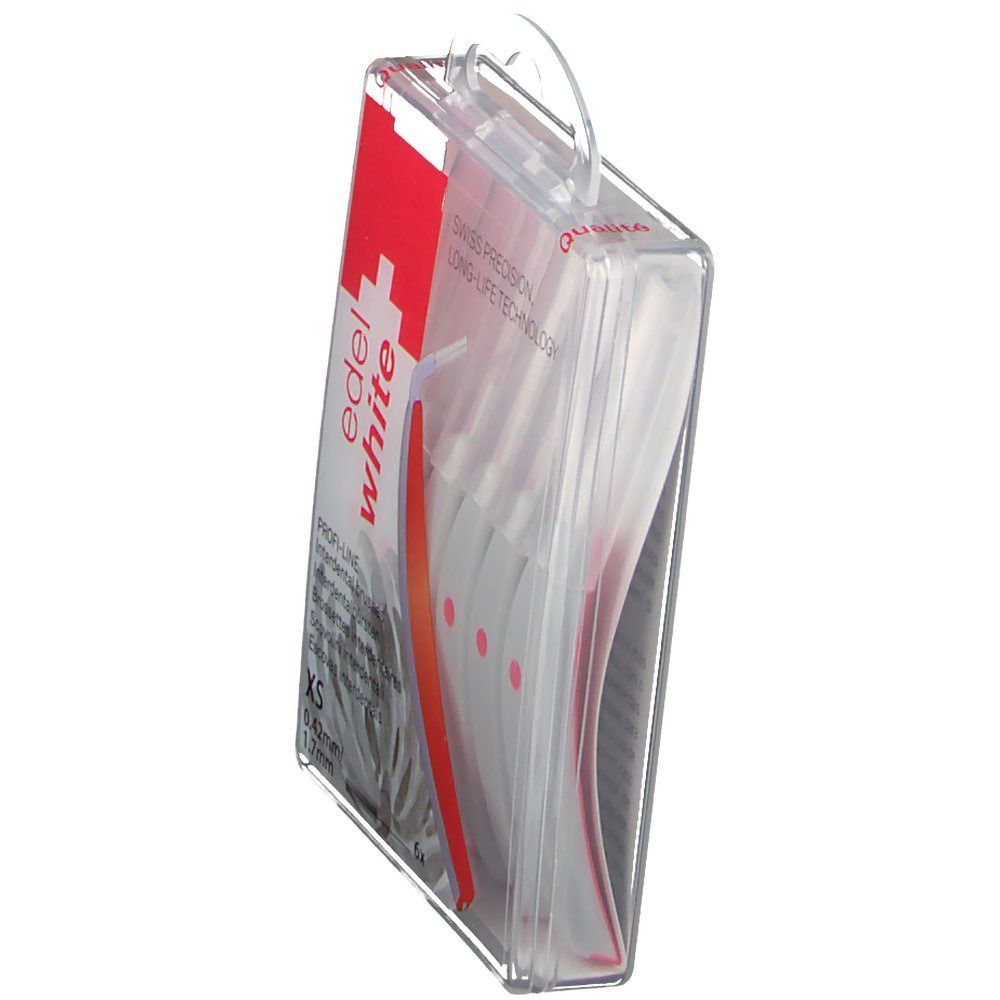 Emballage transparent, vue latérale. Brosses interdentaires visibles. Marque: edel+white. Taille XS, 0,42mm/1,7mm.