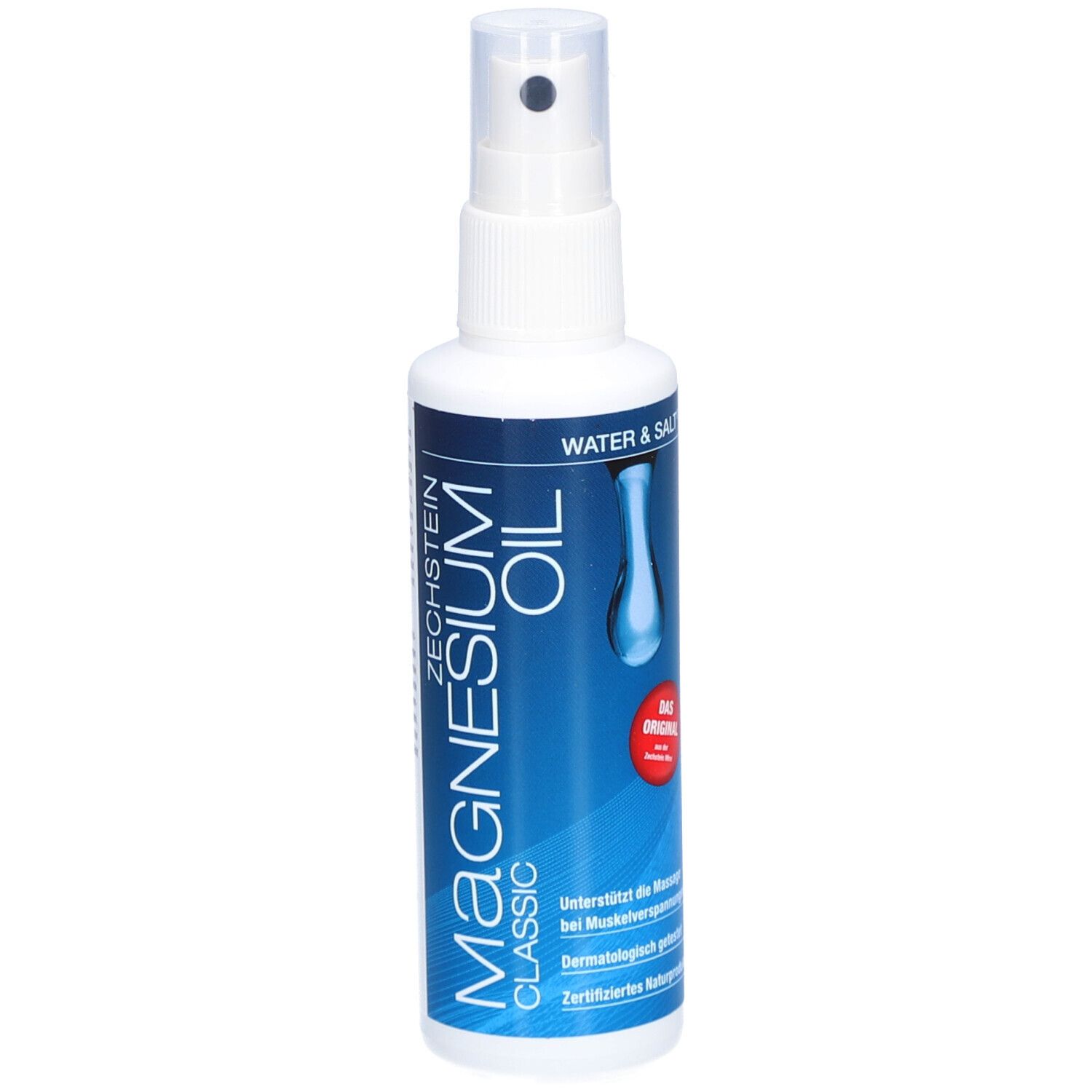 Flacon spray blanc avec étiquette bleue. Contient de l'huile de magnésium. Inscription : Classic, Water & Salt, Das Original.
