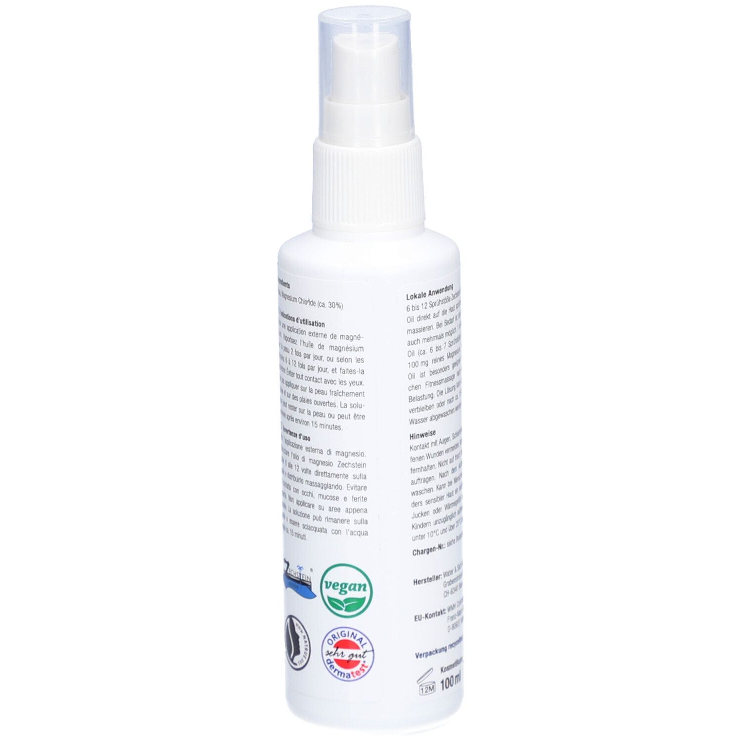 Dos d'un flacon spray blanc. Contient de l'huile de magnésium. Inscription : Vegan, Original Zechstein. Texte et logos.