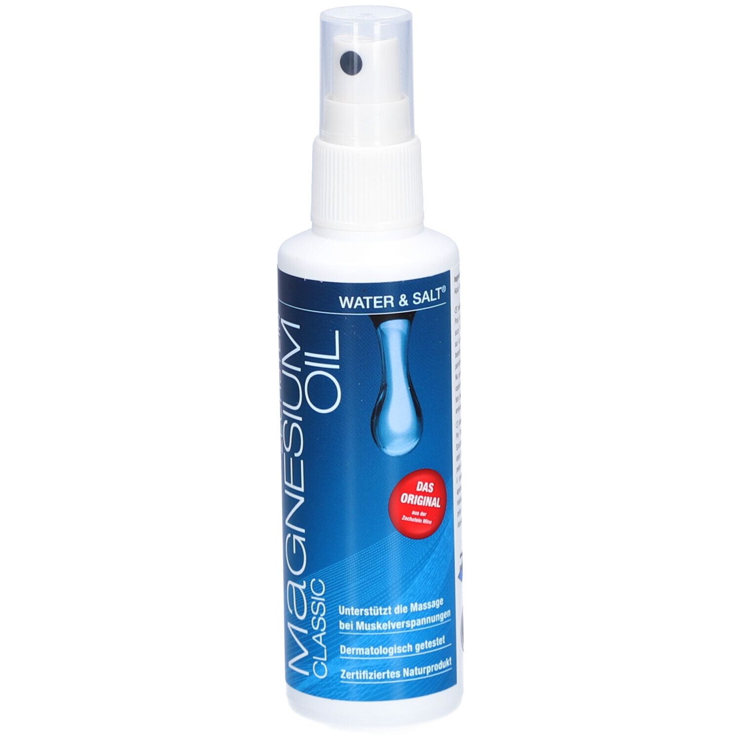 Flacon spray blanc avec étiquette bleue. Contient de l'huile de magnésium. Inscription : Classic, Water & Salt, Das Original.