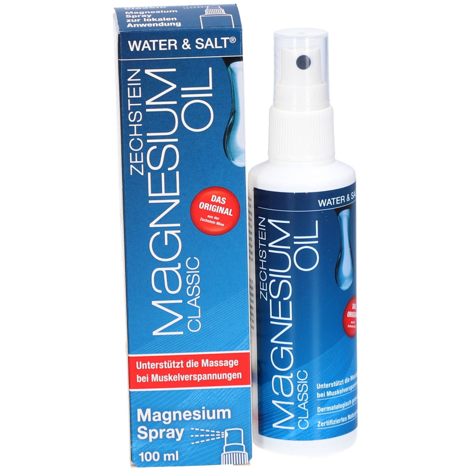 Emballage du produit et flacon pulvérisateur. Contient de l'huile de magnésium. Inscription : Classic, Magnesium Spray, 100 ml.