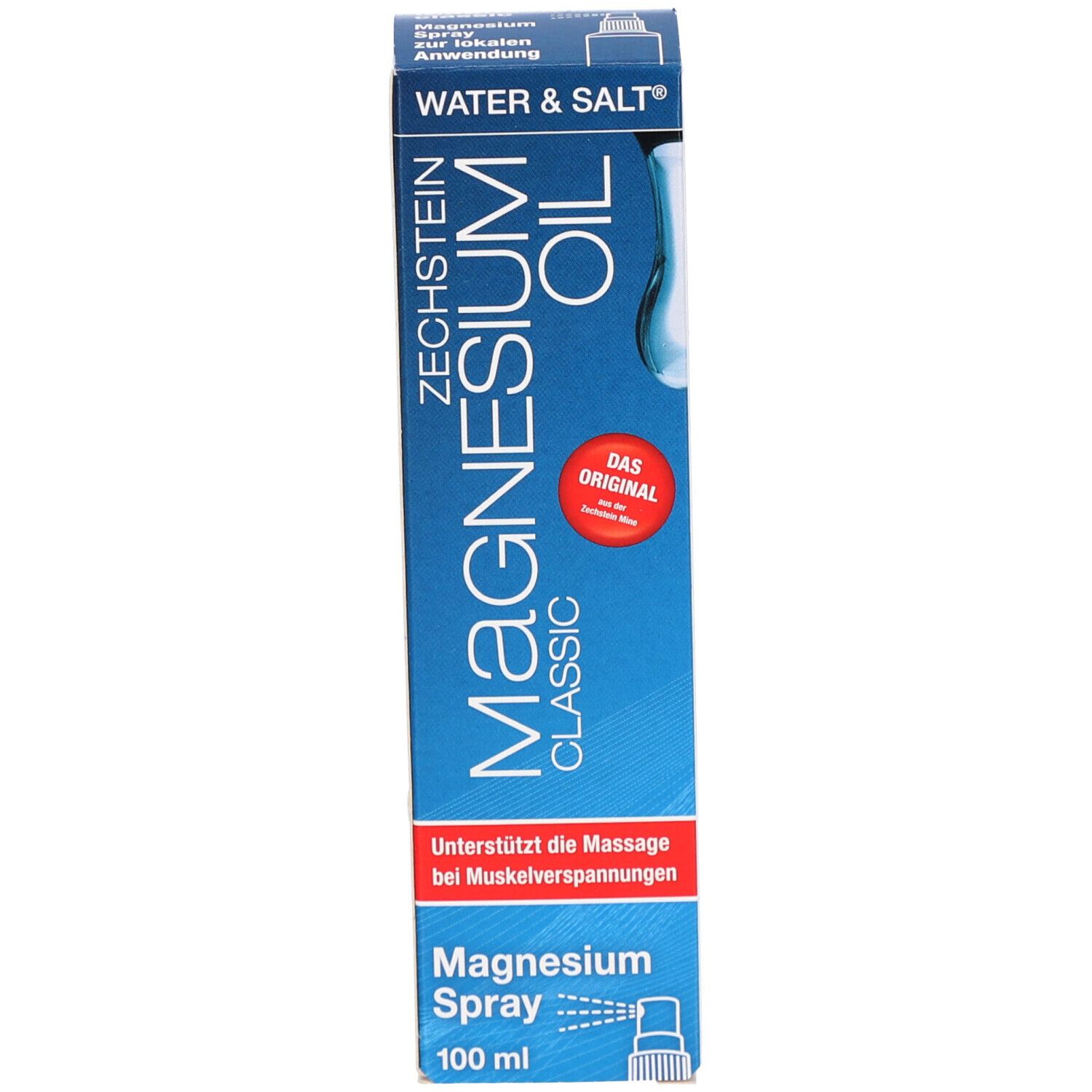 Emballage du produit. Contient de l'huile de magnésium. Inscription : Classic, Magnesium Spray, 100 ml. Couleurs bleues et blanches.