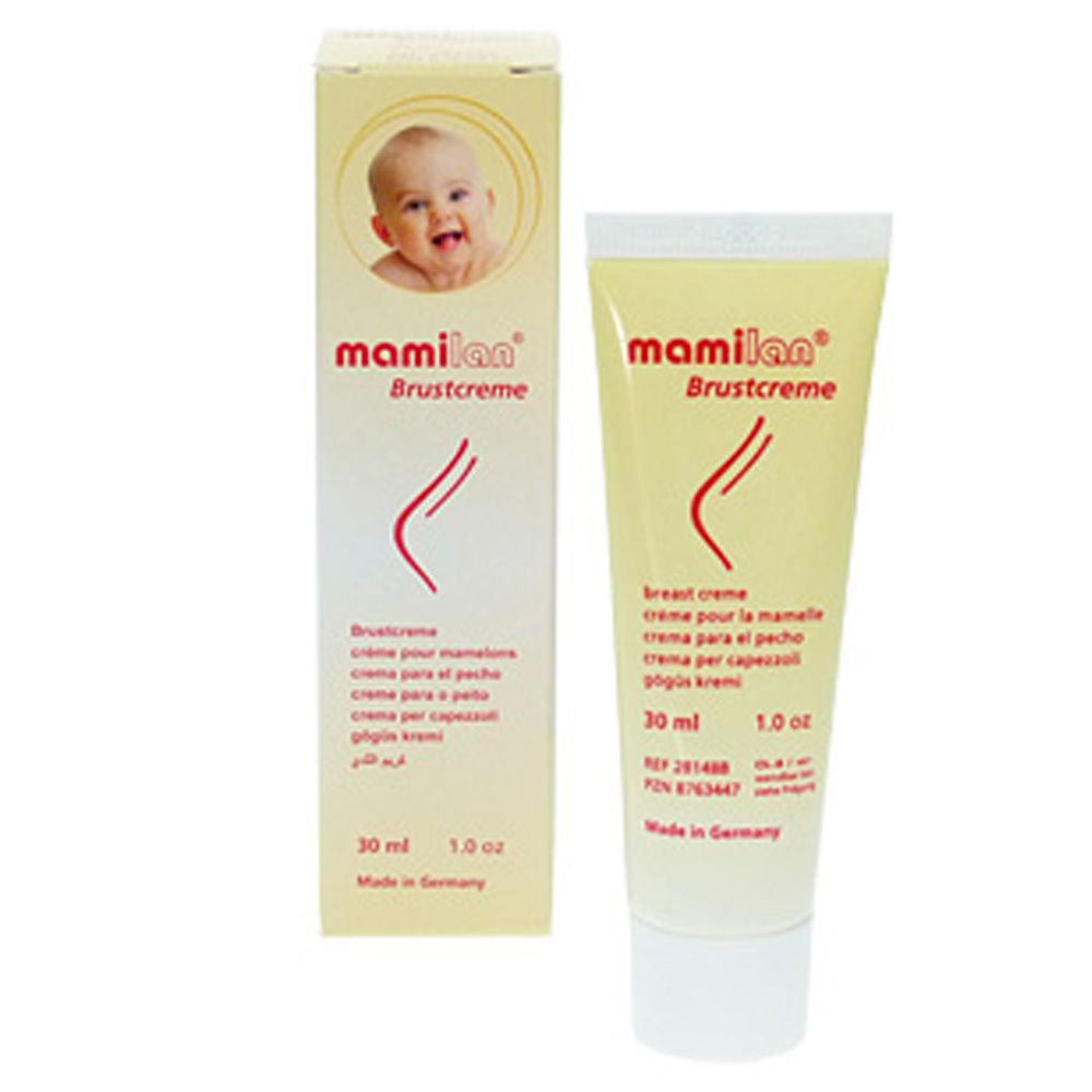 Crèmetube en doos met baby-illustratie. Opschrift: mamilan® Brustcreme. 30 ml, 1.0 oz.