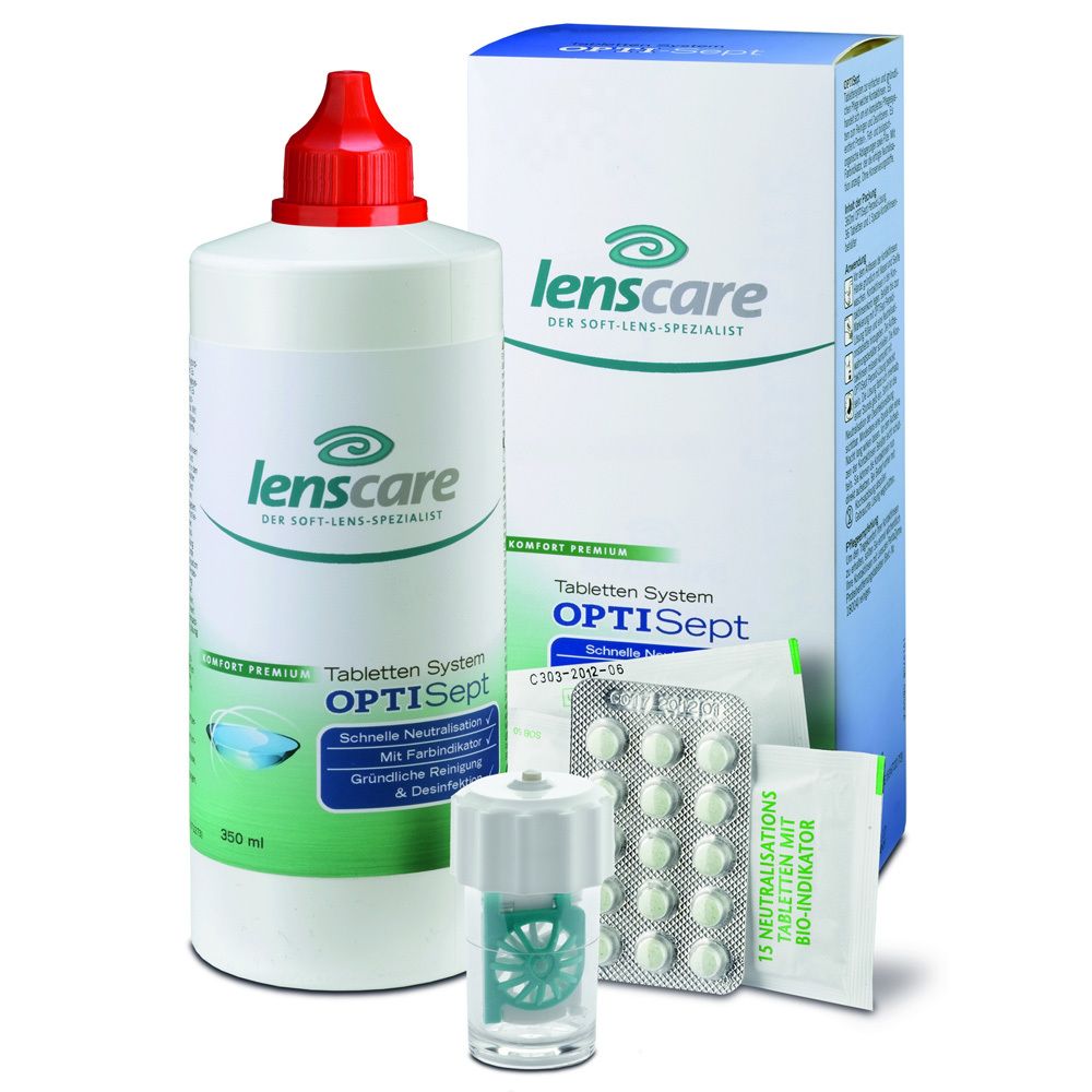 Lenscare OPTISept. Fles en verpakking met tabletten en houder. Bevat reinigings- en ontsmettingsmiddel voor contactlenzen.