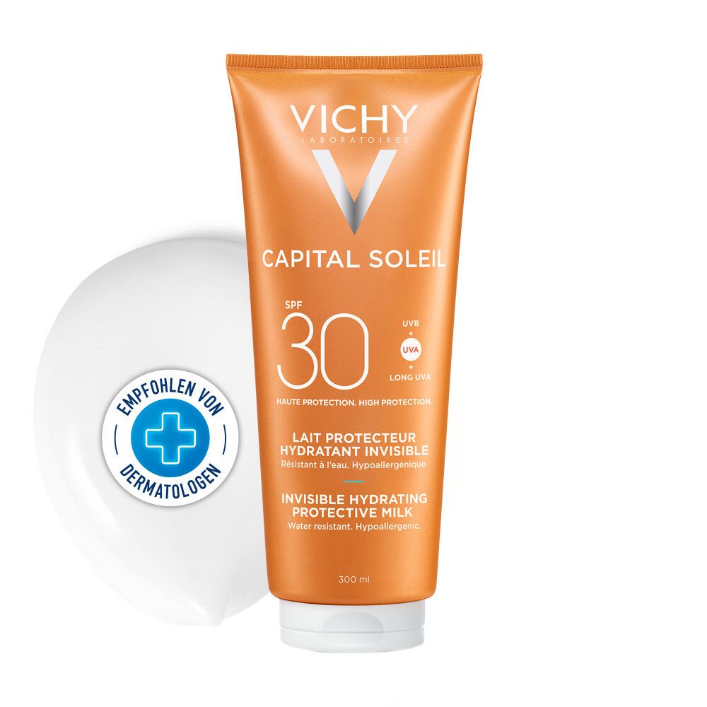Tube de fluide solaire LSF 30. Tube orange avec bouchon blanc. "Vichy Capital Soleil" est écrit sur le tube.