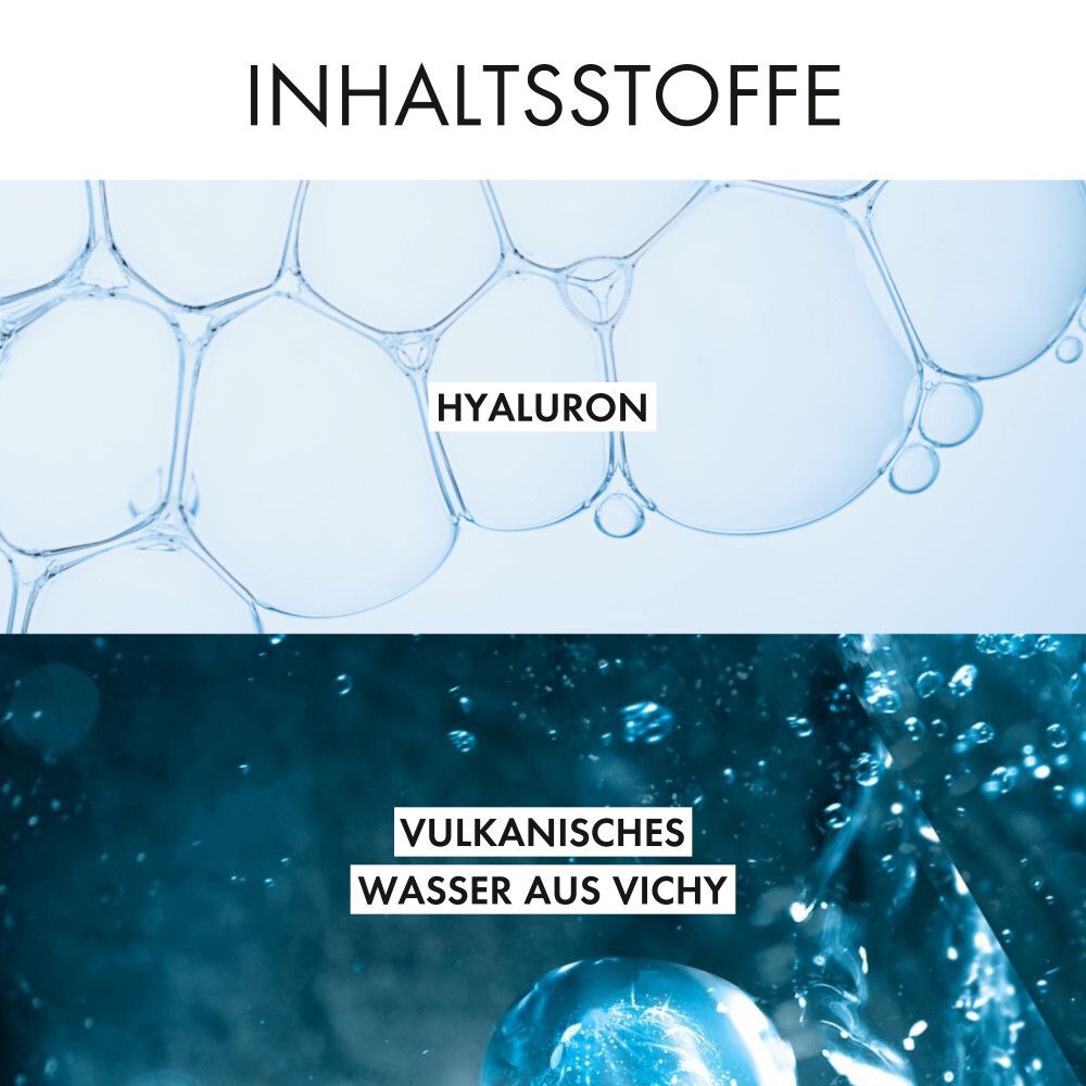 Illustration des ingrédients. Texte : Hyaluron, eau volcanique de Vichy.
