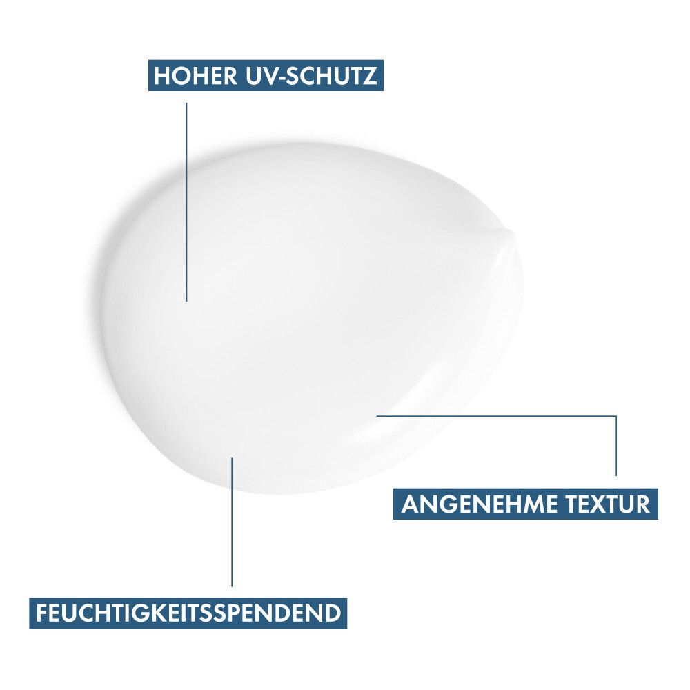 Produit blanc sur fond blanc. Texte : haute protection UV, hydratant, texture agréable.