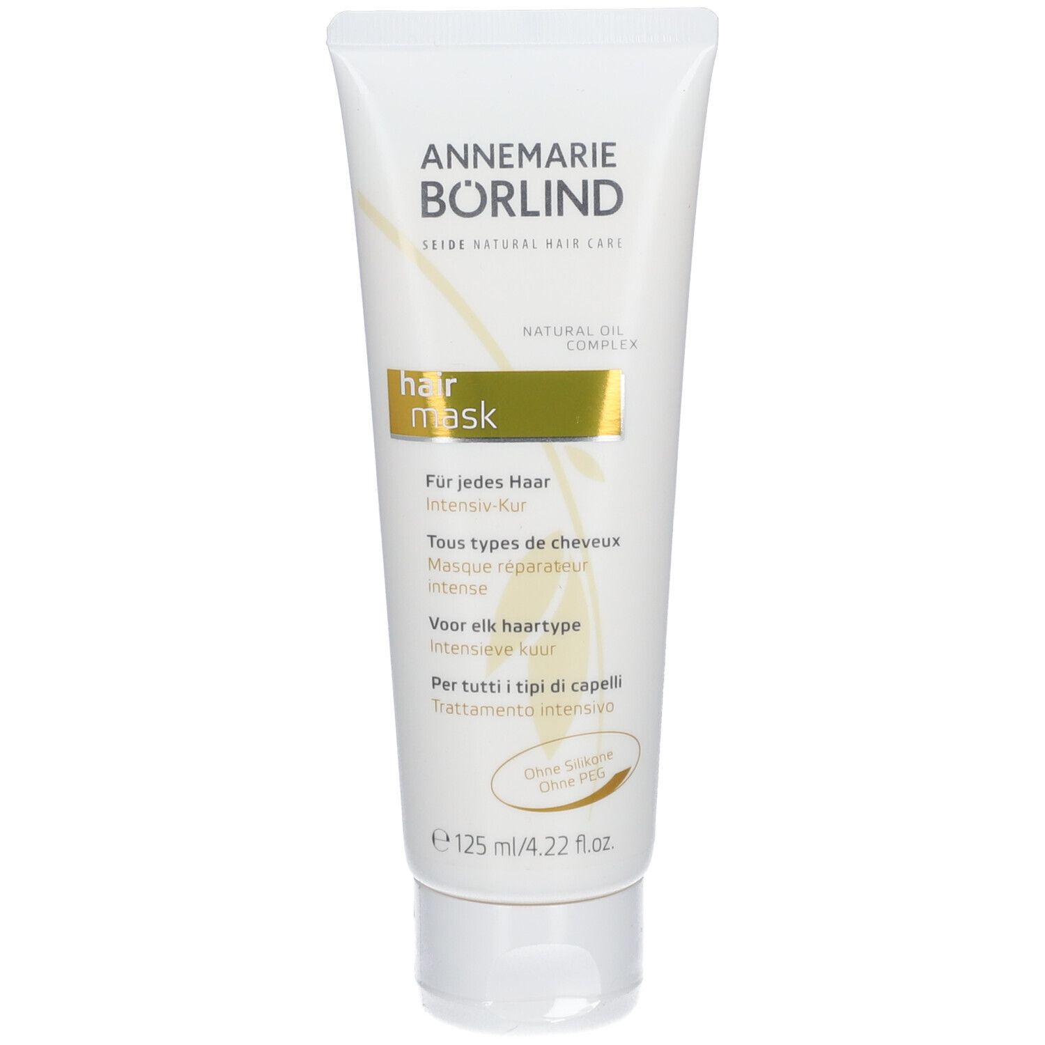 Witte tube met "ANNEMARIE BÖRLIND" en "hair mask". Gouden streep. Tekst in het Duits, Frans, Nederlands en Italiaans.