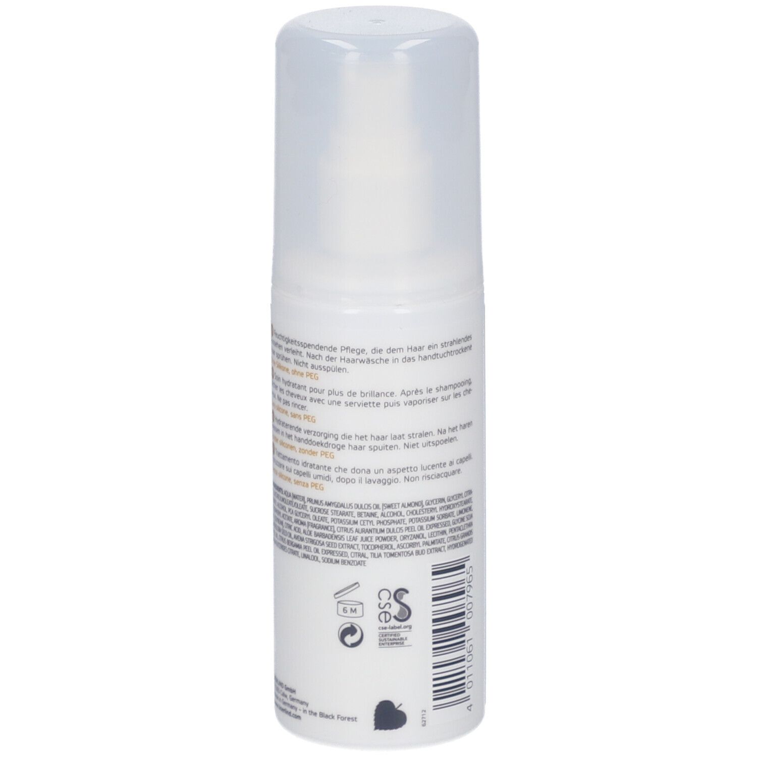 Wit sprayflesje met sproeikop. Opschrift: ANNEMARIE BÖRLIND, hair leave-in. Meertalige productinformatie.