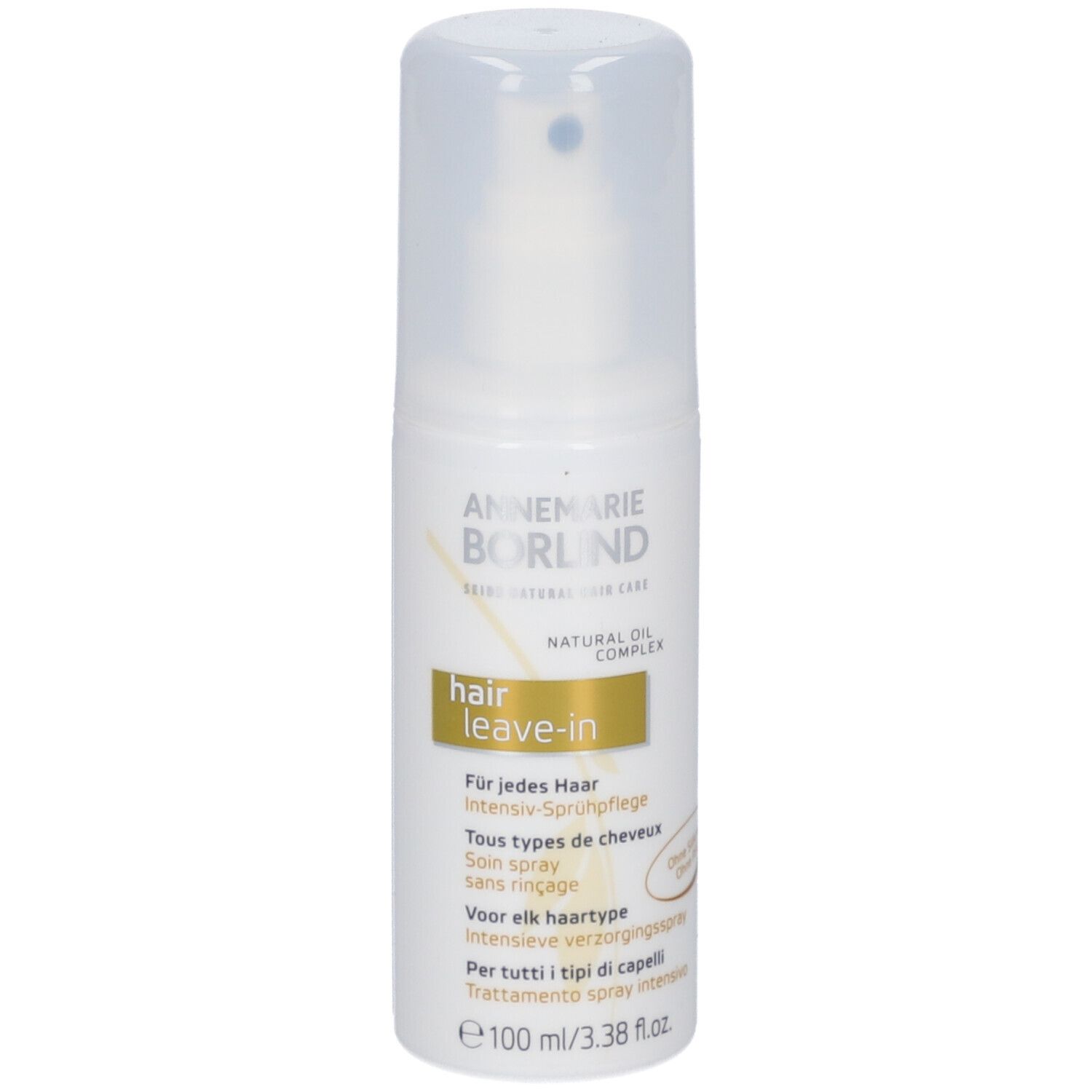 Wit sprayflesje met sproeikop. Opschrift: ANNEMARIE BÖRLIND, hair leave-in. Meertalige productinformatie.
