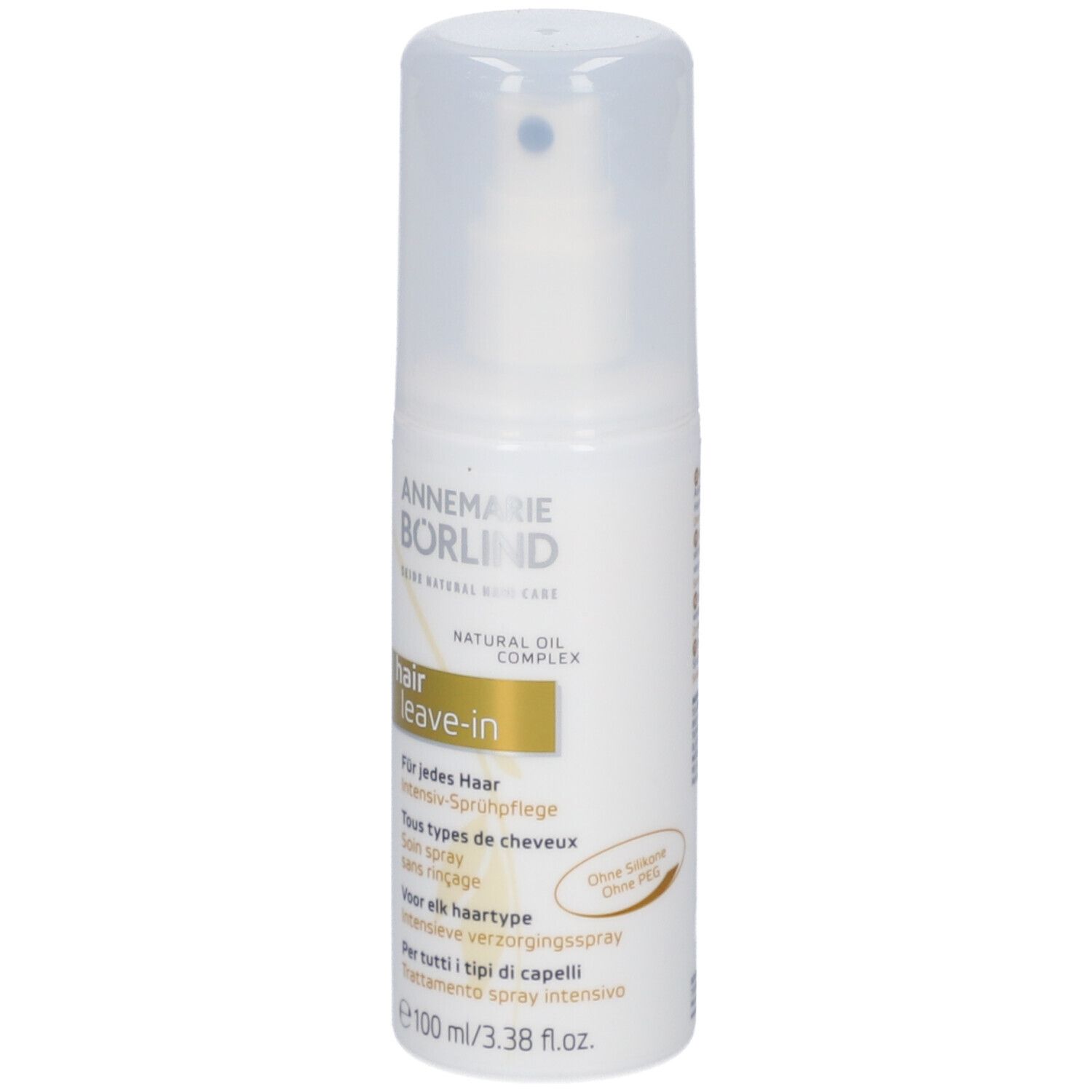 Wit sprayflesje met sproeikop. Opschrift: ANNEMARIE BÖRLIND, hair leave-in. Meertalige productinformatie.