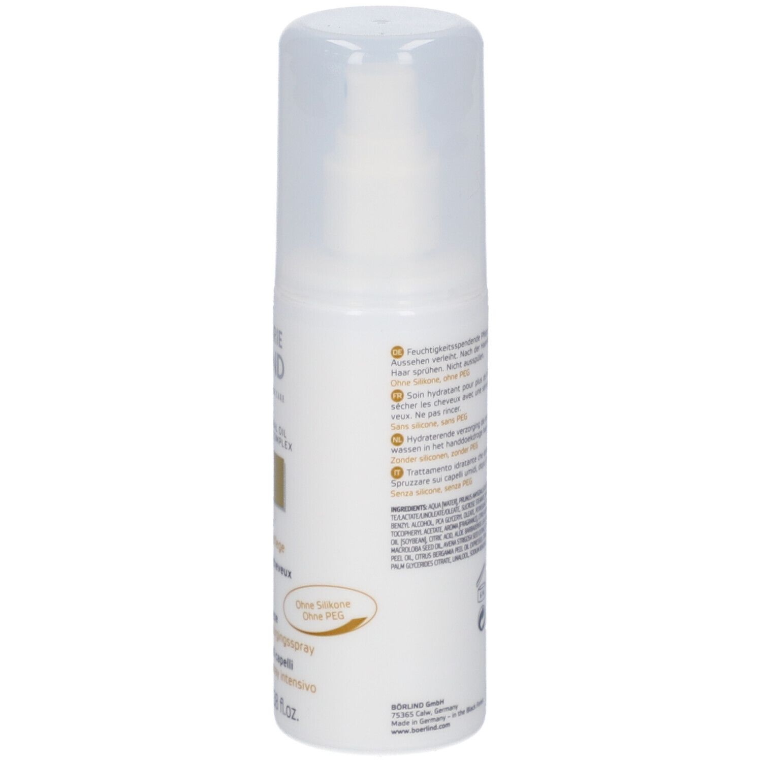 Wit sprayflesje met sproeikop. Opschrift: ANNEMARIE BÖRLIND, hair leave-in. Meertalige productinformatie.