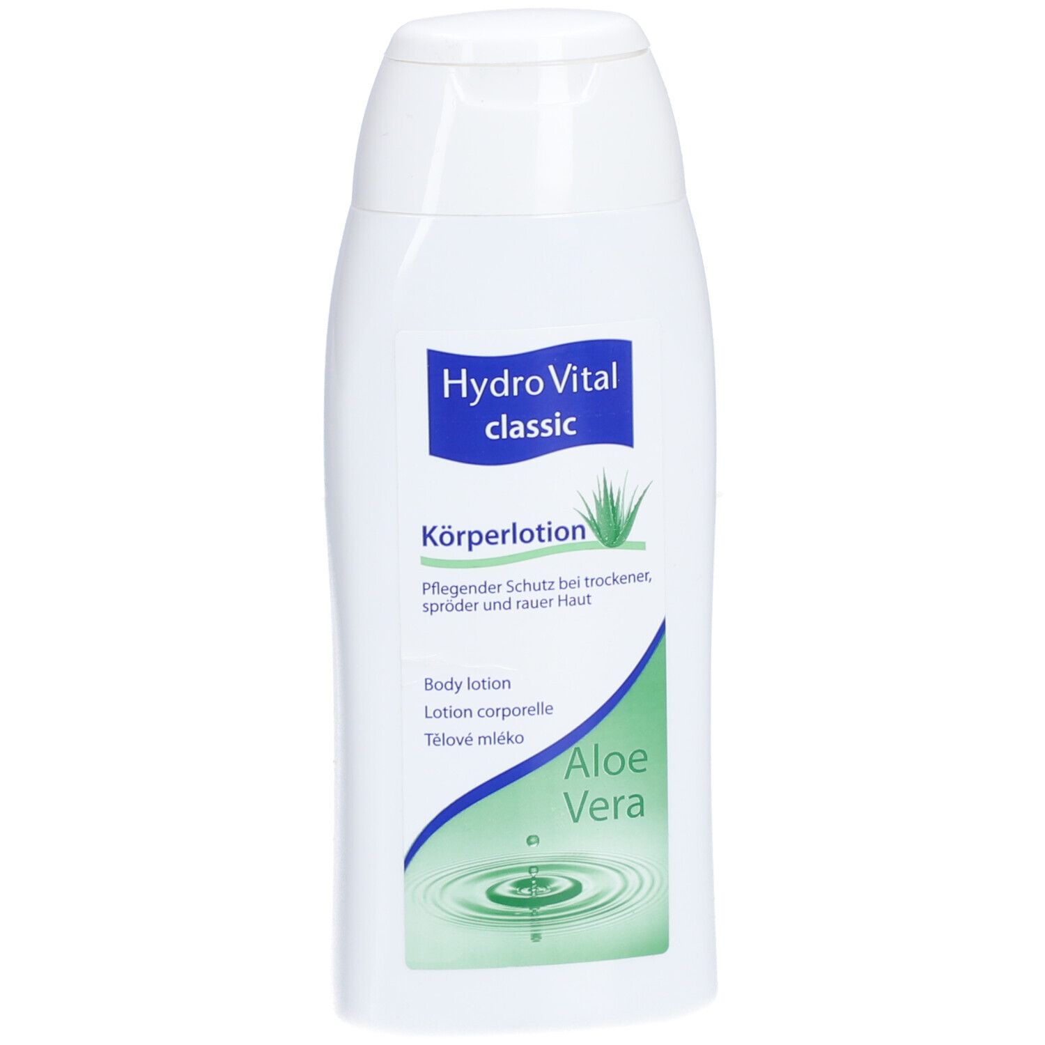 Flacon blanc avec étiquette bleue. Inscription: Hydro Vital classic, Lotion corporelle, Aloe Vera.
