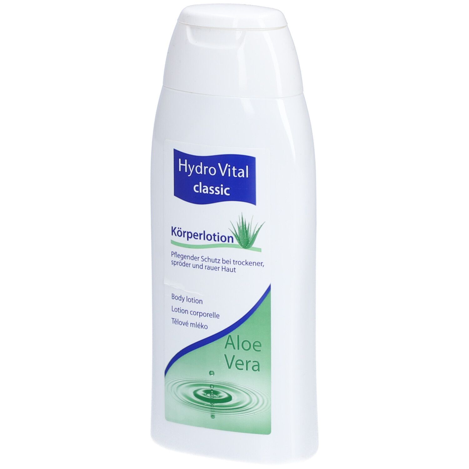 Flacon blanc avec étiquette bleue. Inscription: Hydro Vital classic, Lotion corporelle, Aloe Vera.