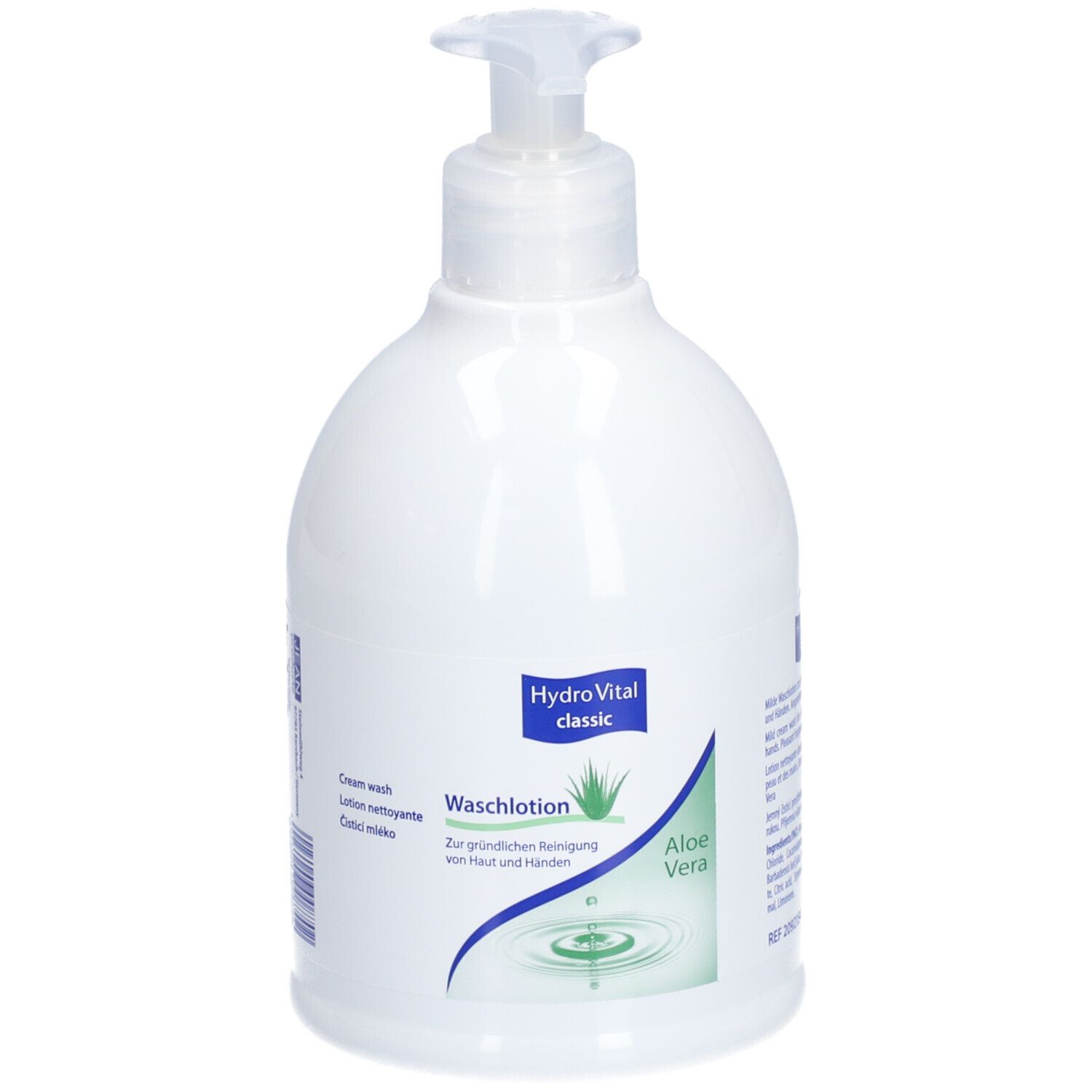 Flacon blanc avec pompe. Inscription : HydroVital classic, Waschlotion, Aloe Vera. Graphique vert et bleu.