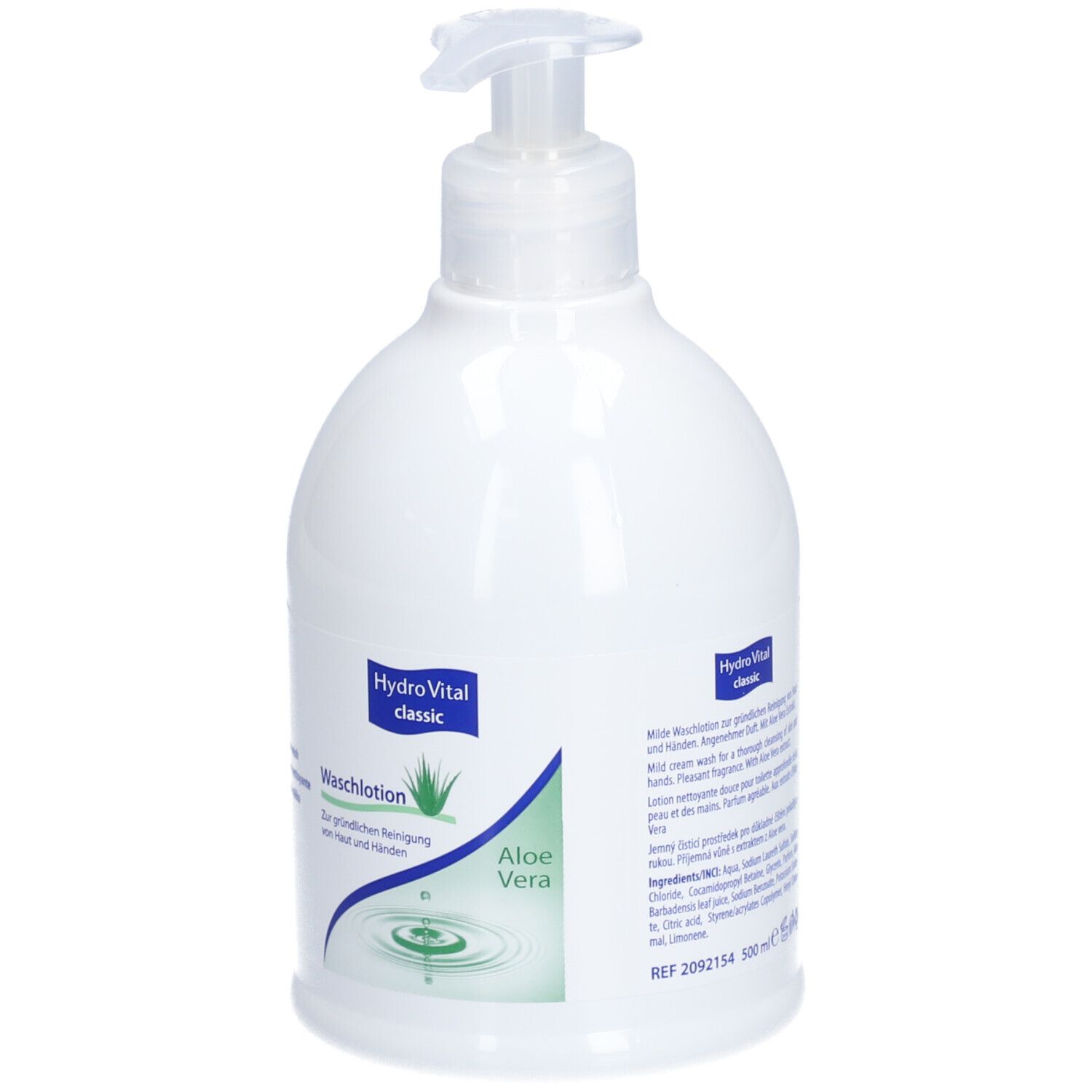 Flacon blanc avec pompe. Inscription : HydroVital classic, Waschlotion, Aloe Vera. Texte et ingrédients.