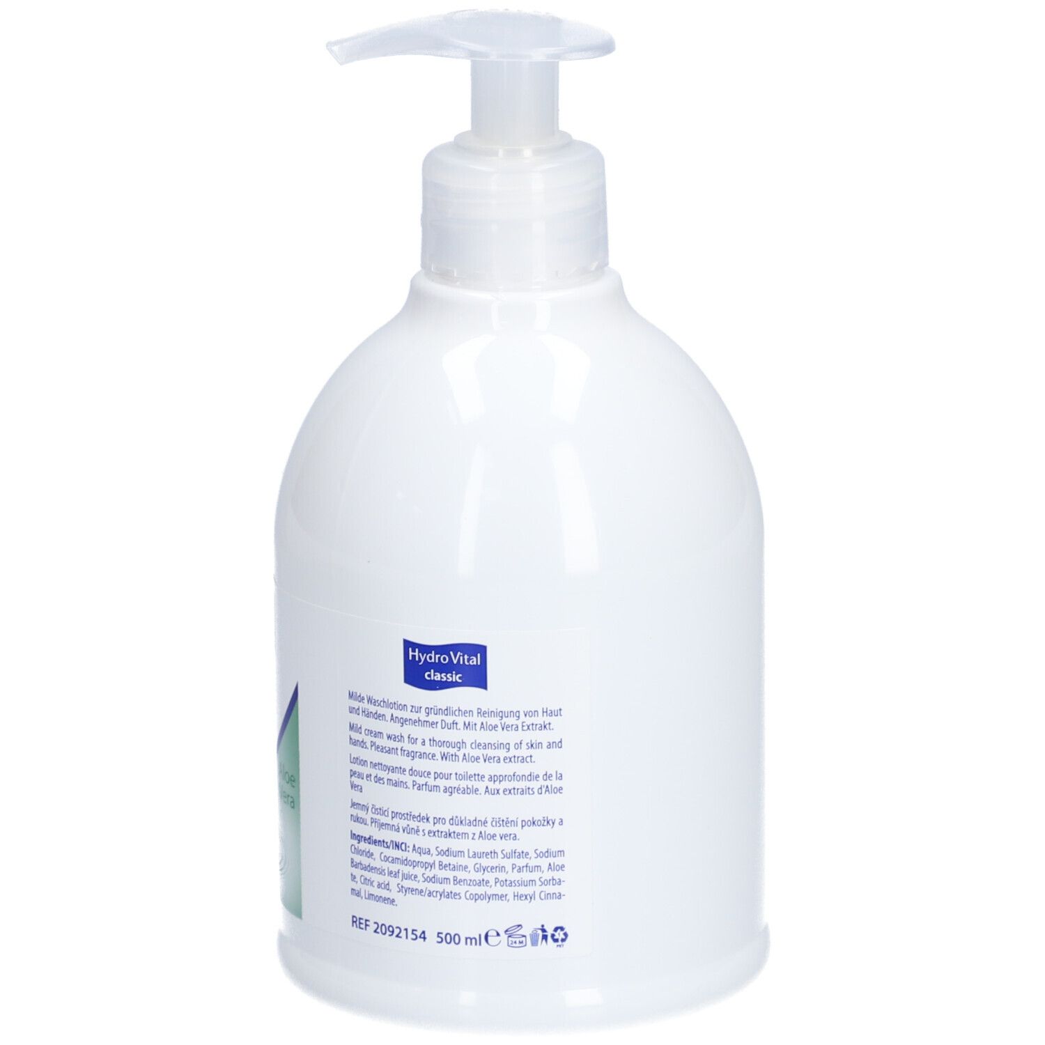 Flacon blanc avec pompe. Inscription : HydroVital classic, Waschlotion, Aloe Vera. Texte et ingrédients.